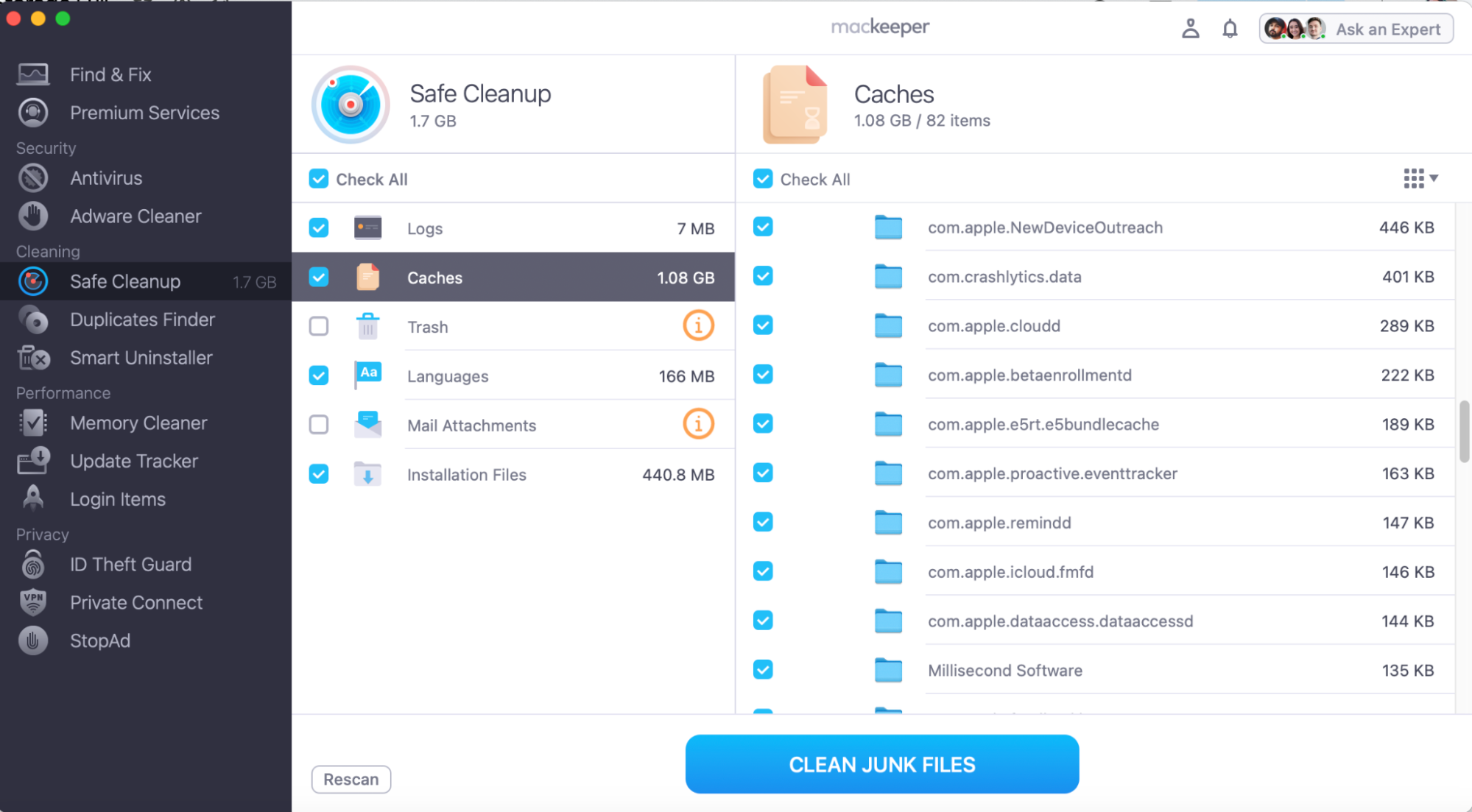 After your scan is complete, you'll be able to look though for specific app-related cache and logs or Check All and press clean Junk Files. After your scan is complete, you'll be able to look though for specific app-related cache and logs or Check All and press clean Junk Files.