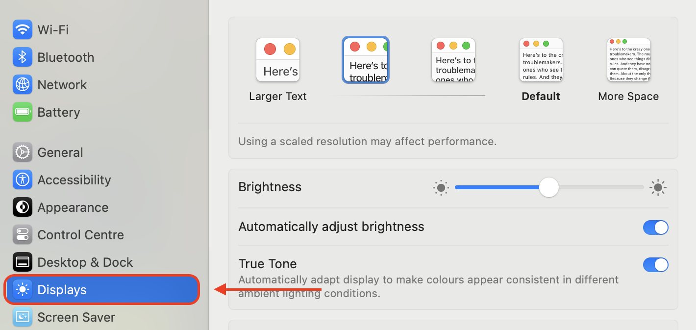 In System Settings, scroll down and select Displays to access your Mac’s screen resolution, arrangement, and color profile options.