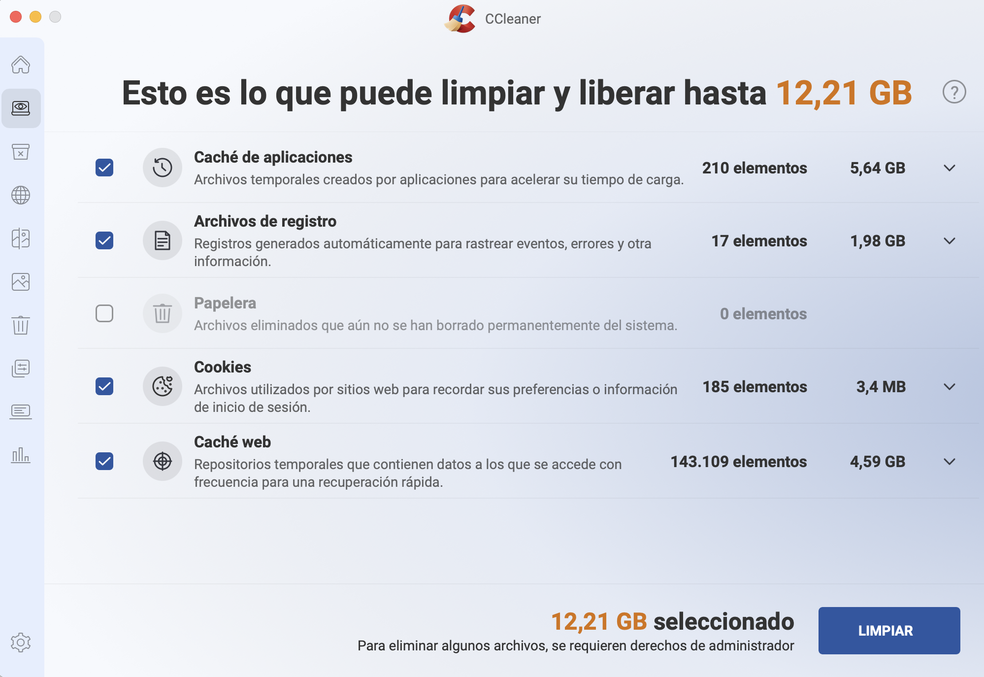 CCleaner para Mac permite a los usuarios analizar archivos en desorden, como cachés de aplicaciones. Una vez que tu dispositivo haya analizado estos, puedes seleccionar Limpiar para deshacerte de ellos.