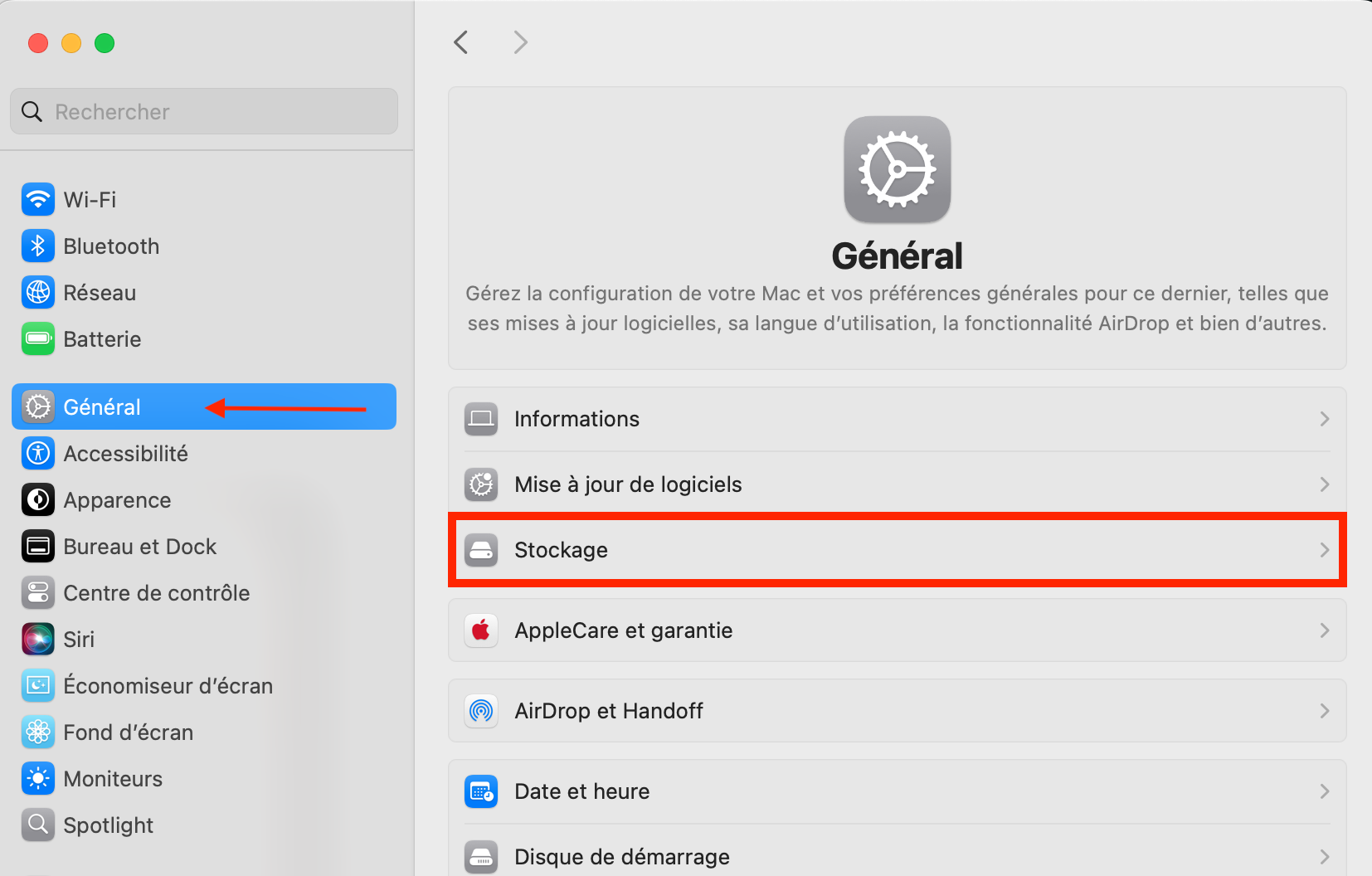 Dans la fenêtre qui apparaît, cliquez sur l'onglet Stockage.