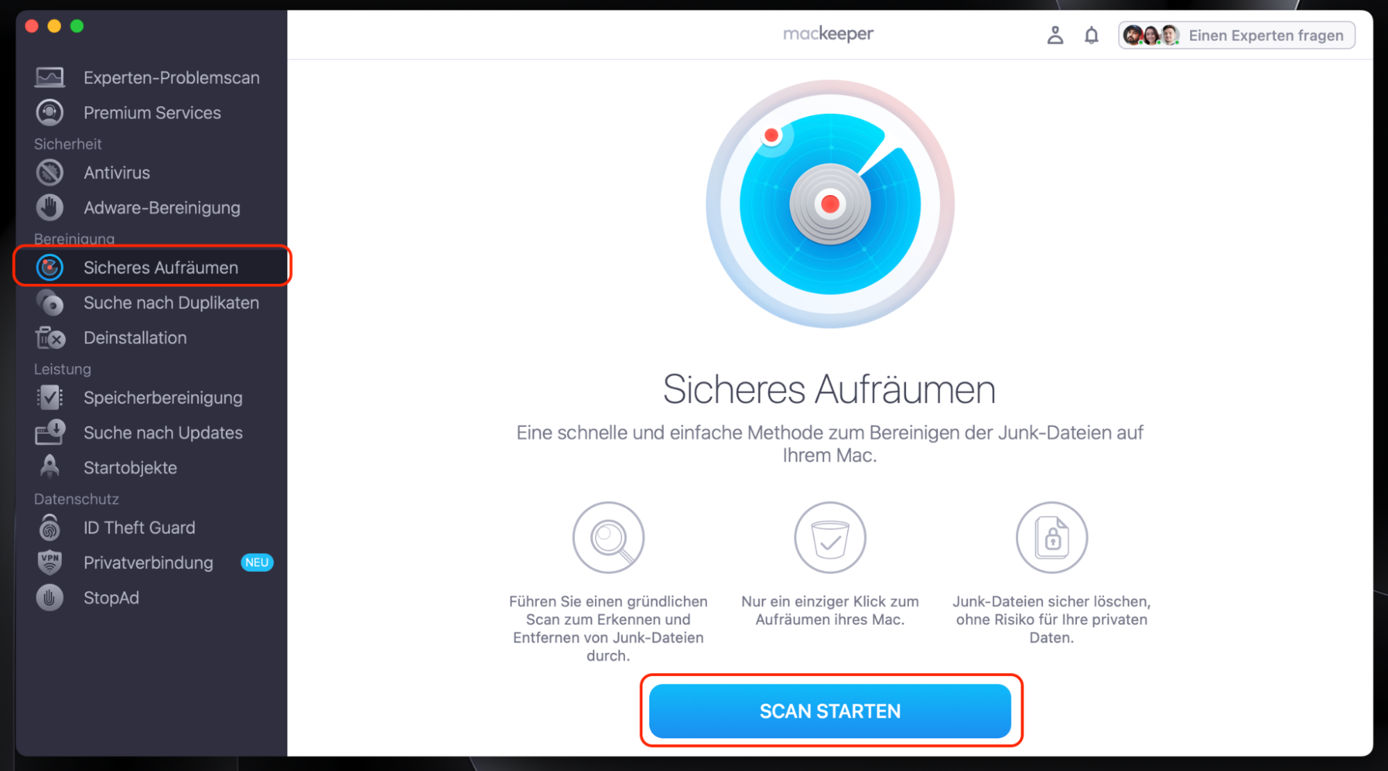 Das MacKeeper-Anwendungsfenster wird geöffnet und die Option Sichere Aufräumen ist ausgewählt, um den Vorgang zum Leeren des Safari-Caches auf einem Mac zu starten.