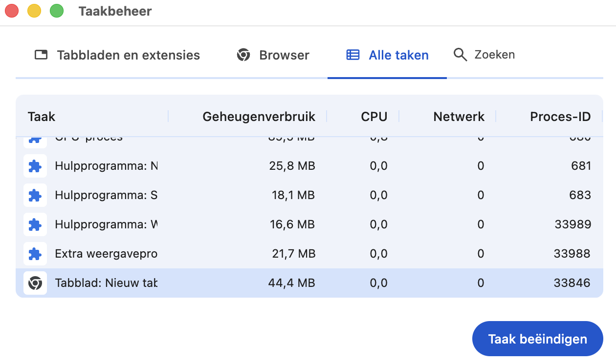 Na het openen van Taakbeheer verschijnen al je grootste processen op het scherm. Kies de processen die je wilt stoppen en klik rechtsonder op Taak beëindigen.