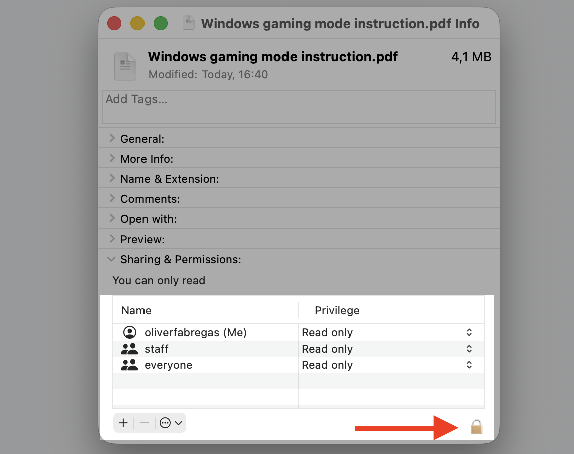 Get Info Sharing & Permissions pane on a MacBook with the lock icon highlighted, unlocking the file permissions to allow changes.