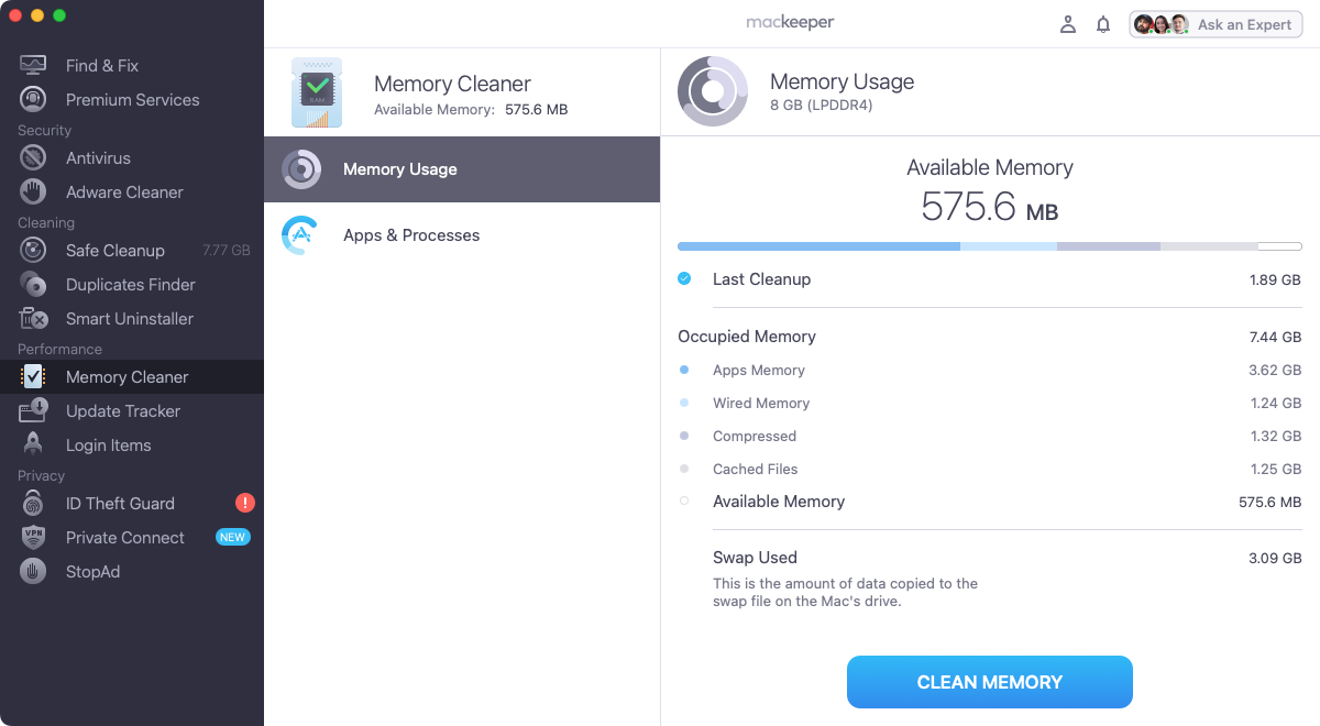 MacKeeper's Memory Cleaner can also give you a more detailed breakdown of how your Mac's memory is being used. Open the 'Memory Usage' to learn more. MacKeeper's Memory Cleaner can also give you a more detailed breakdown of how your Mac's memory is being used. Open the 'Memory Usage' to learn more.