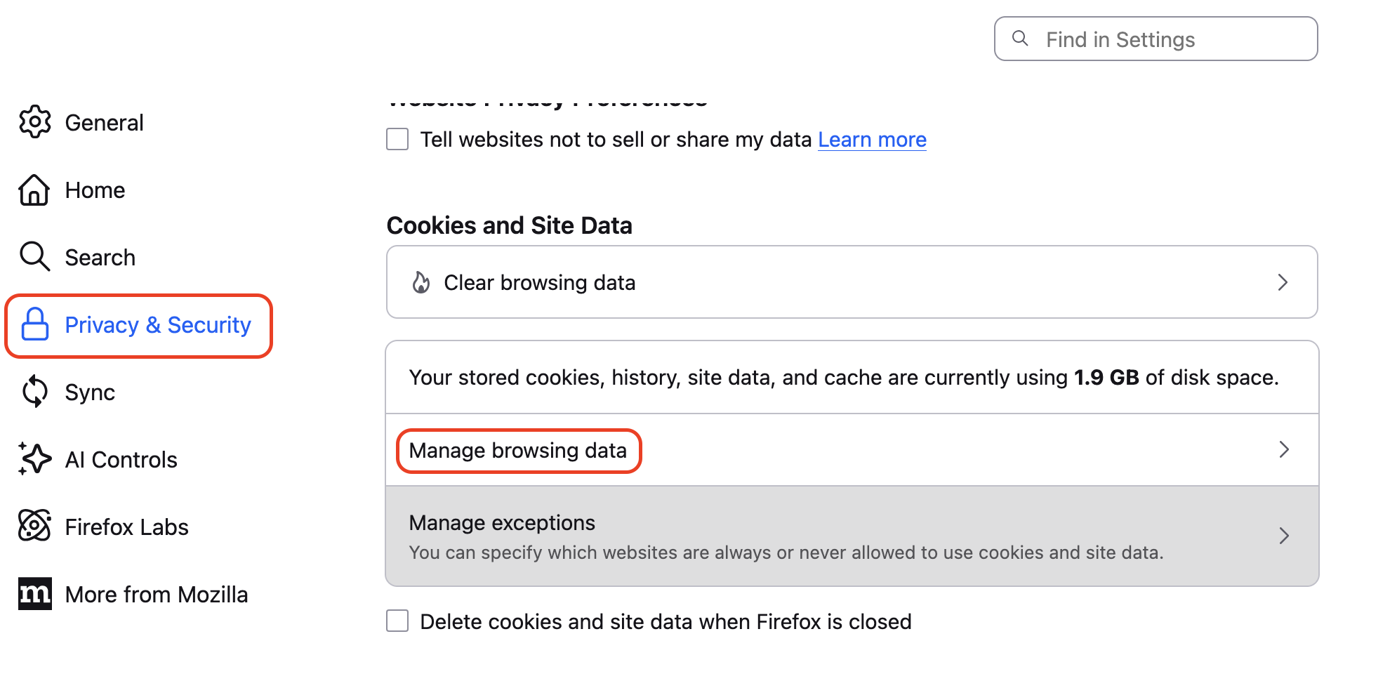 In Firefox Settings, go to Privacy & Security, scroll to Cookies and Site Data, click Manage Data, and search for YouTube to locate stored site data.