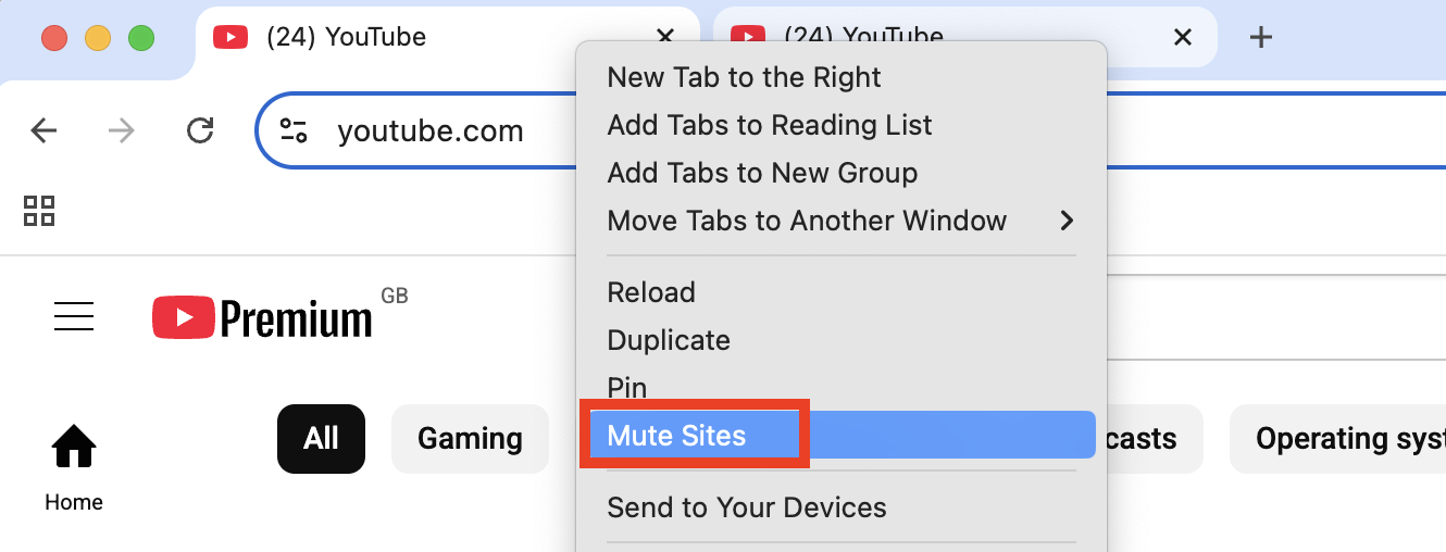 The contextual menu that appears after right-clicking a tab in Chrome. You can mute multiple tabs in Google Chrome on Mac by holding the command key while you select them, then right-clicking and choosing Mute Sites.