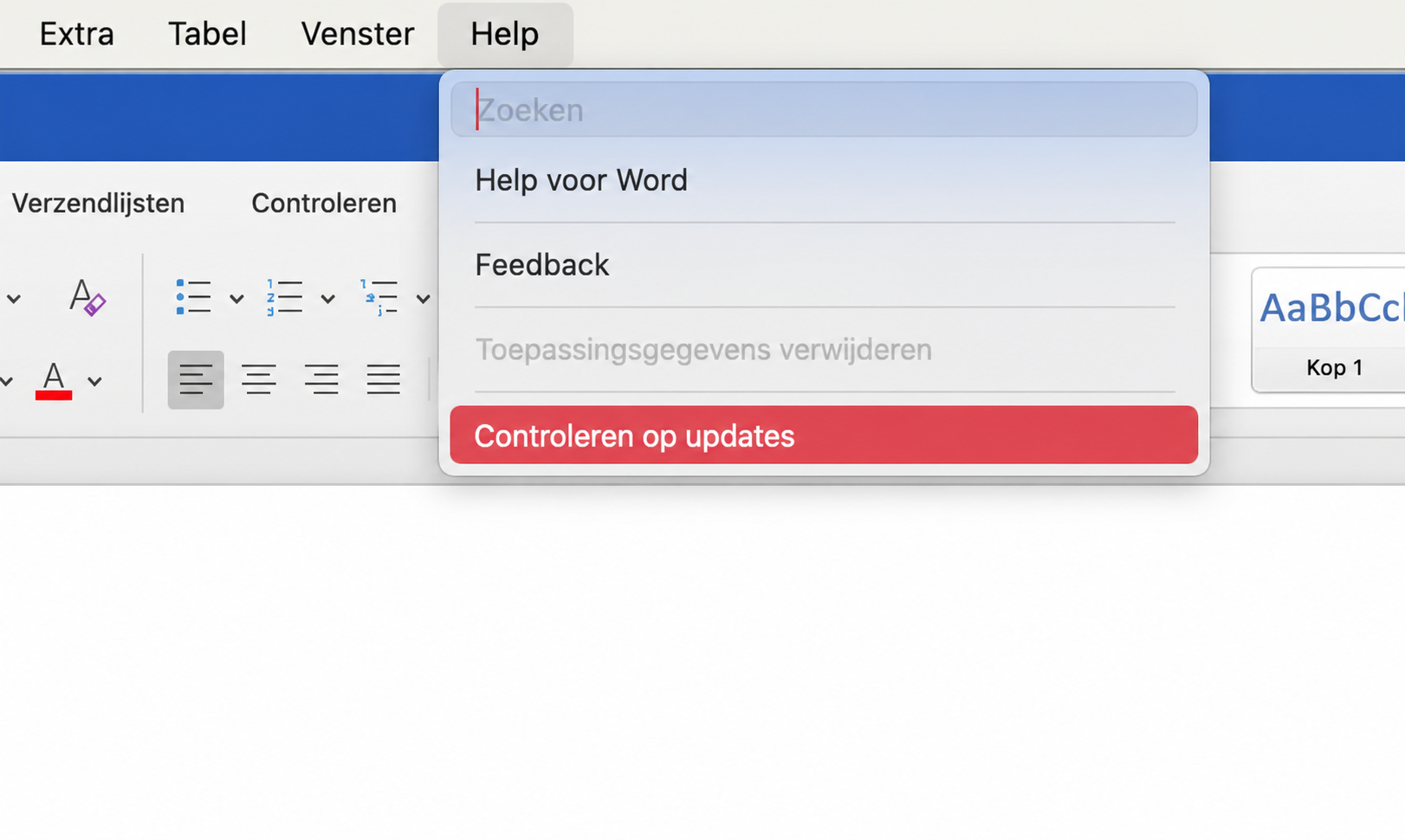 Open Word op Mac, ga naar de menubalk en kies Help > Controleren op updates. Dit opent AutoUpdate.