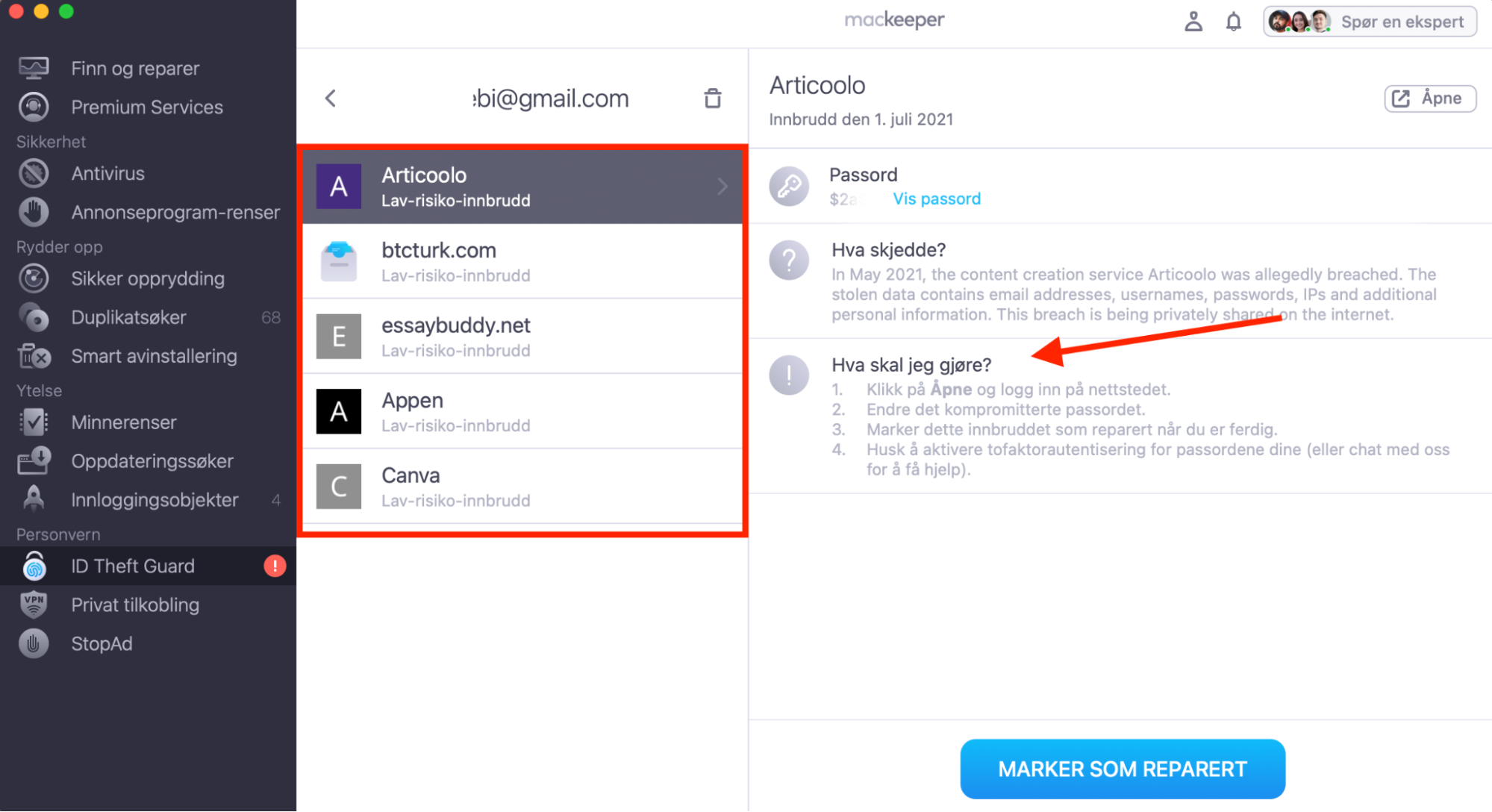 MacKeeper på Mac viser ID Theft Guard. Sjekk alle kompromitterte kontoer, og følg trinnene for å fikse dem.