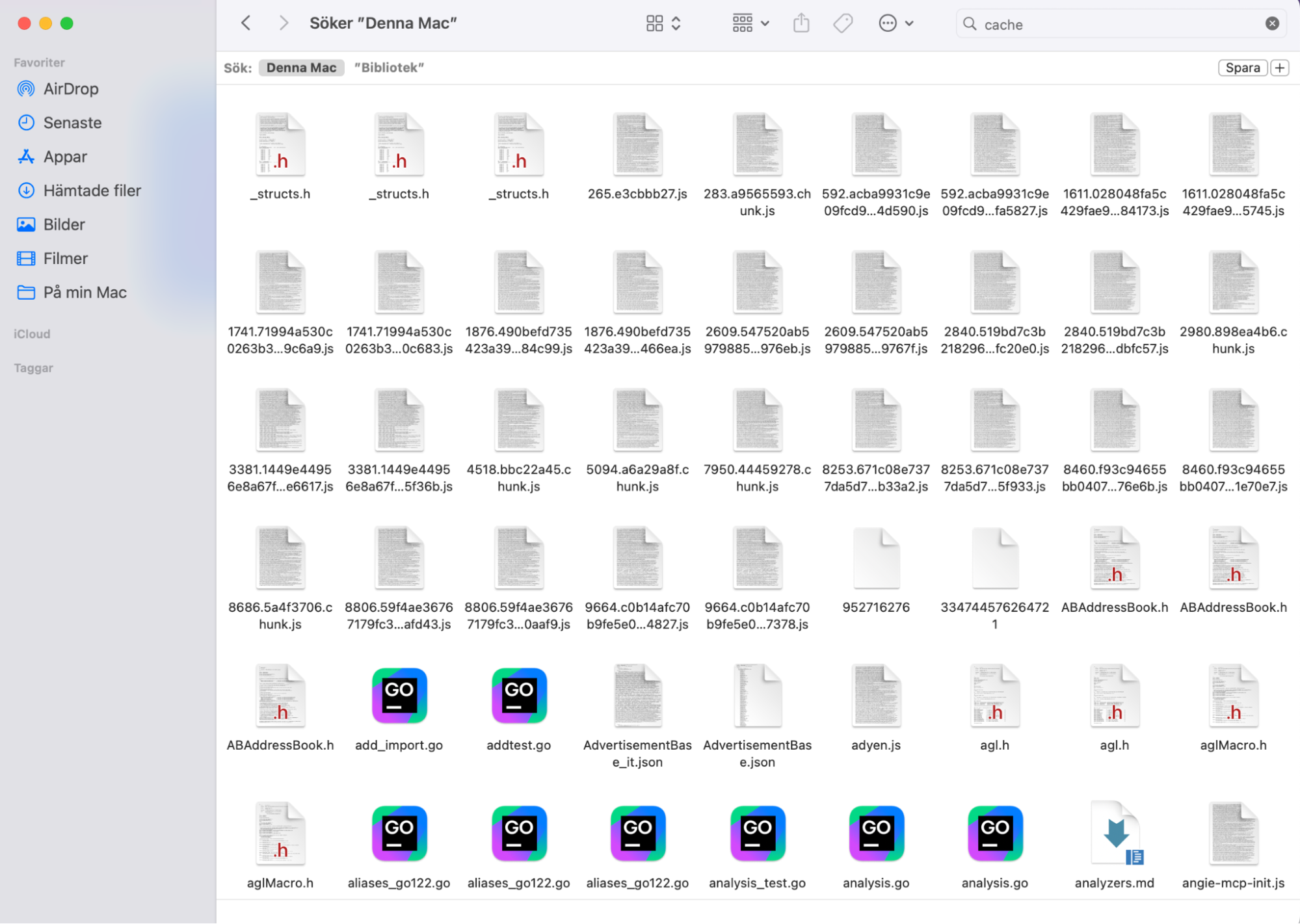 Du kan hitta Övrigt-lagring på macOS Ventura och senare märkt som olika typer av filer och mappar. Dessa är oftast cache, systemloggar, webbläsarkakor och tilläggsdata.