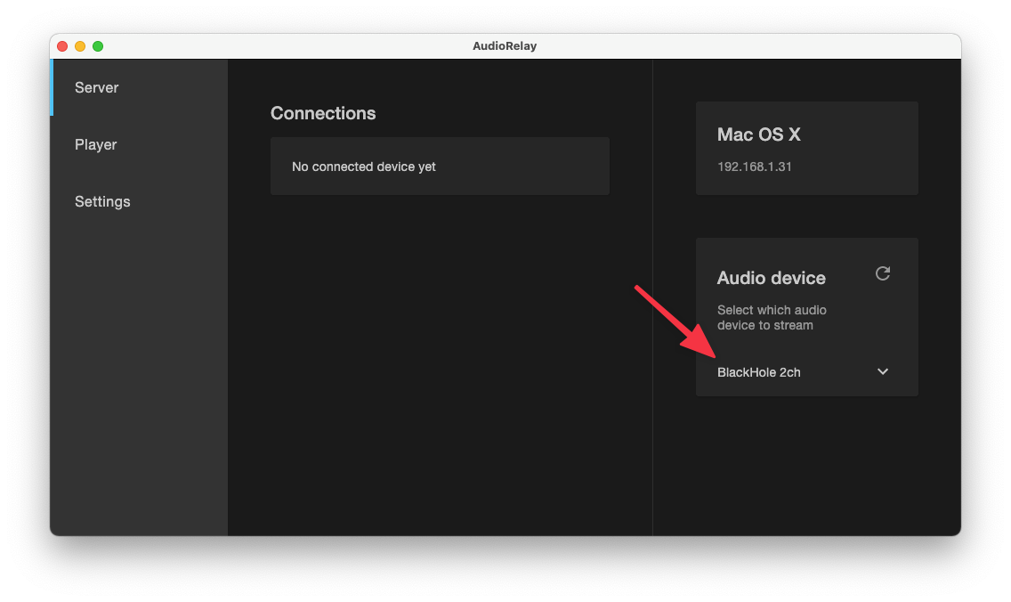 Open AudioRelay on your Mac, go to the Server tab, and select the virtual audio device to stream sound to a Windows PC on your network.