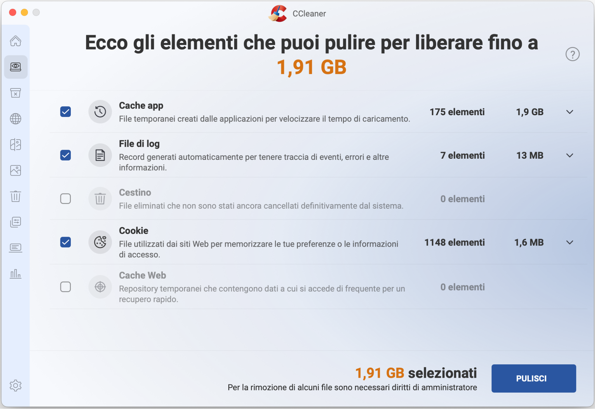 La scansione di pulizia è completata con CCleaner e l’utente può vedere il risultato finale: la quantità di file inutili trovati, con la suddivisione tra le diverse categorie di file.