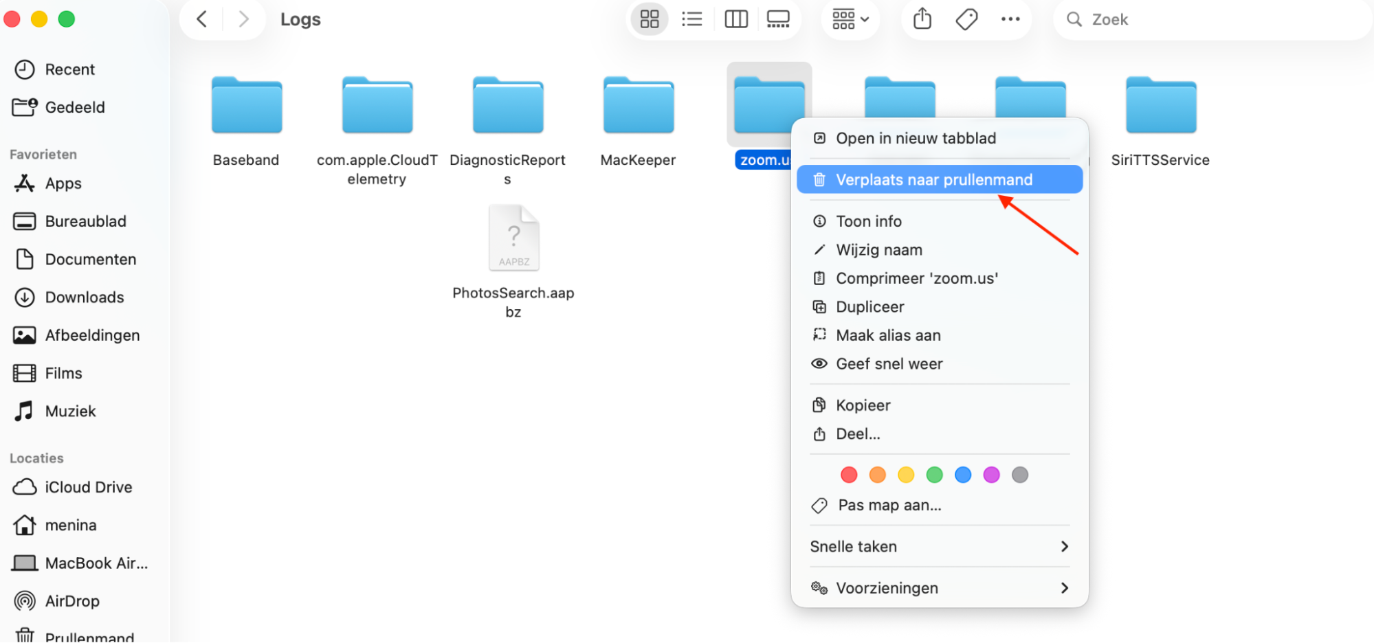 Finder op de Mac toont de map ‘Logs’. Klik met de rechtermuisknop op een bestand dat je wilt verwijderen en kies ‘Verplaats naar prullenmand’.