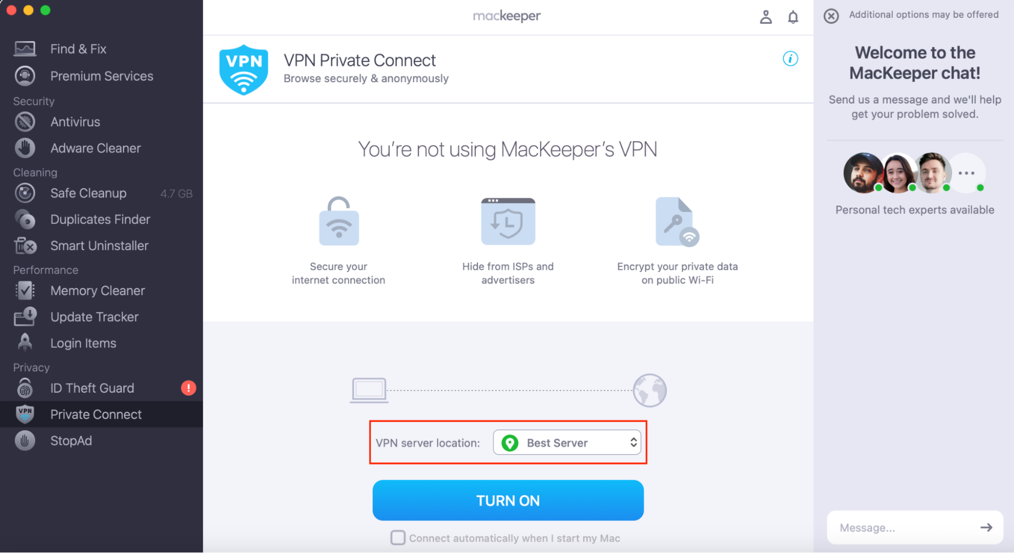 MacKeeper’s Private Connect VPN, with the VPN server location option highlighted. How to fix VPN not working on Mac Sonoma.