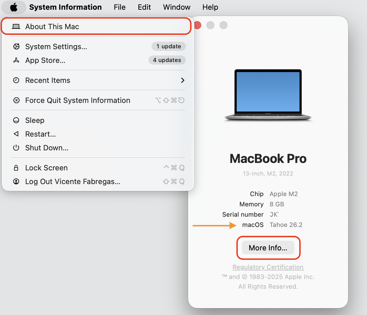 The Apple menu on a MacBook running macOS Tahoe 26.2, with About This Mac highlighted and the More Info button to check Mac specs.