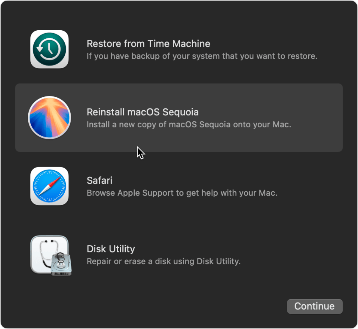 From the macOS Utilities menu in Recovery mode, choose the Reinstall macOS option to begin reinstalling the operating system without erasing your data.