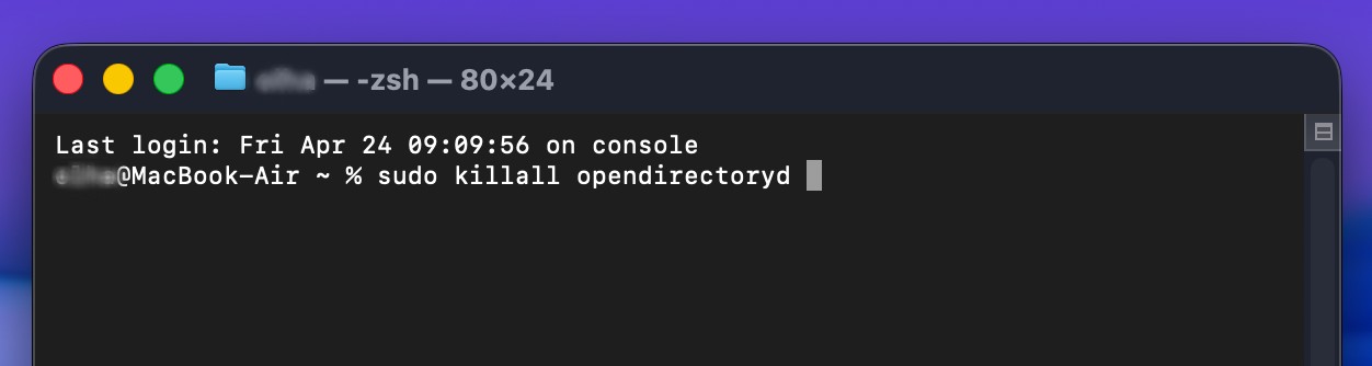 Now that you’re in Terminal, type the command sudo killall opendirectoryd and press Enter to kill the Open Directory process