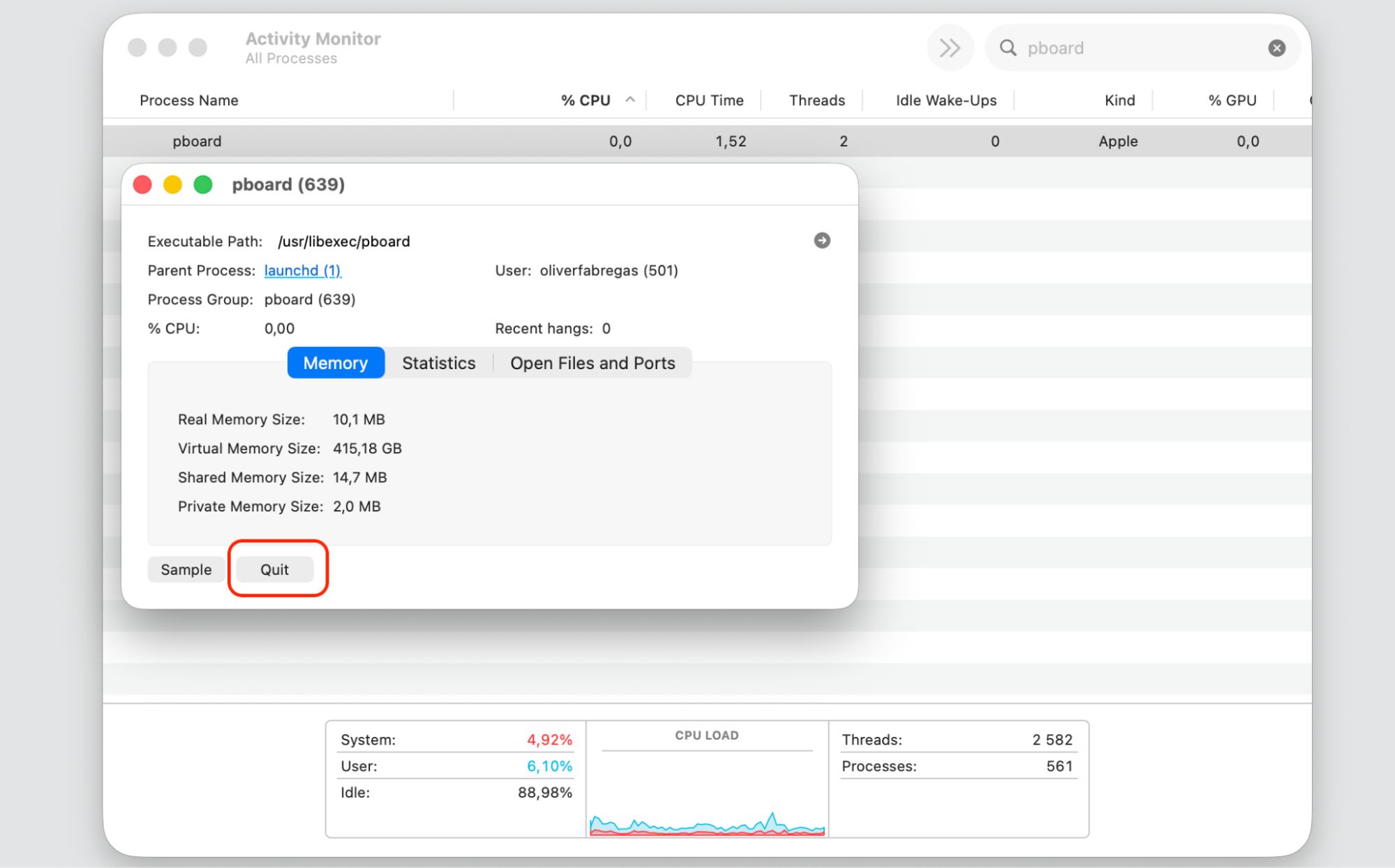 Activity Monitor on an iMac quitting the pboard process with the Stop (X) button and Force Quit to reset the stuck Mac clipboard service.