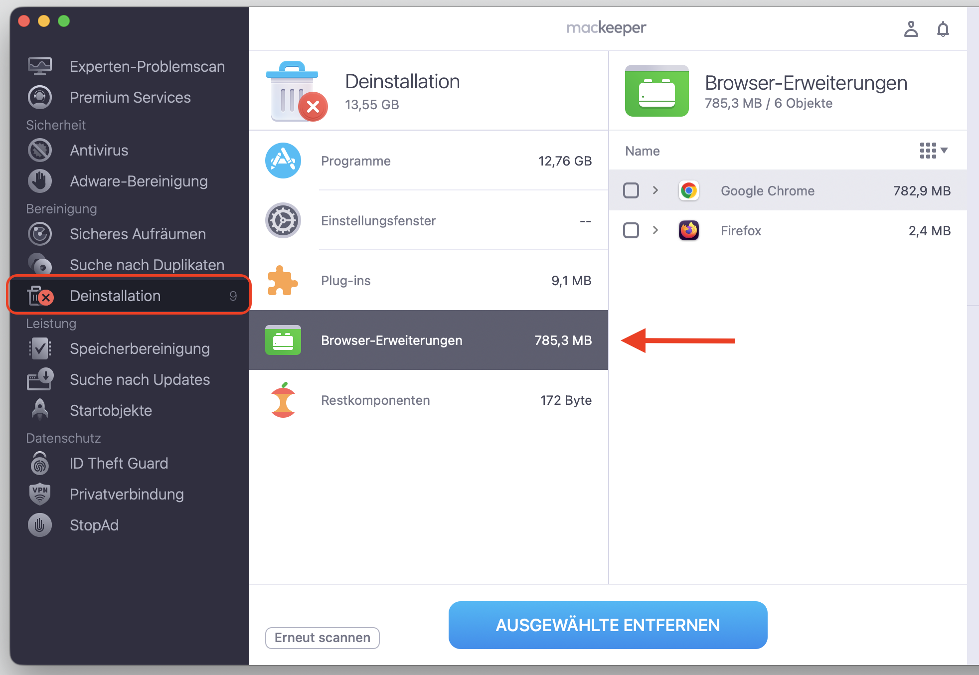 Die MacKeeper-App zeigt die Funktion Deinstallation, die dabei hilft, unerwünschte Plugins von Ihrem Mac zu entfernen.