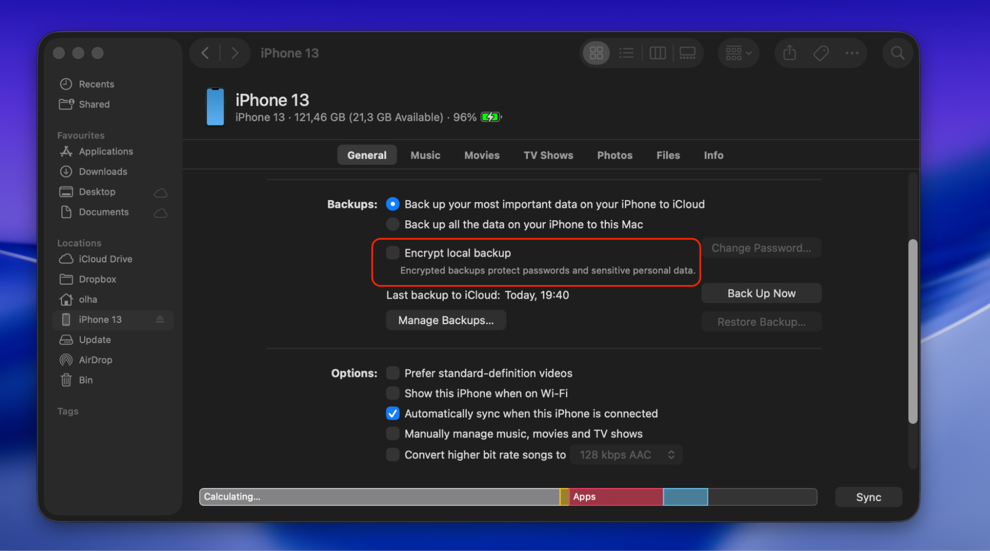 After choosing to back up all the data on your iPhone to macOS Catalina, enable the Encrypted backup option to include more sensitive device data in the local backup, like saved passwords, browsing history, or Wi-Fi settings.