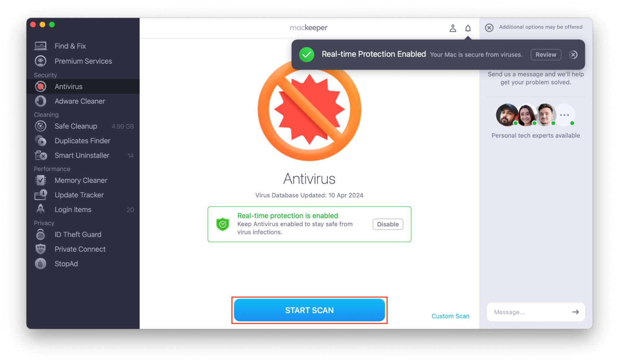 MacKeeper’s Antivirus. Start Scan is highlighted. How to install antivirus software and run a scan, part of a guide on how to stop fake McAfee pop-ups on Mac.