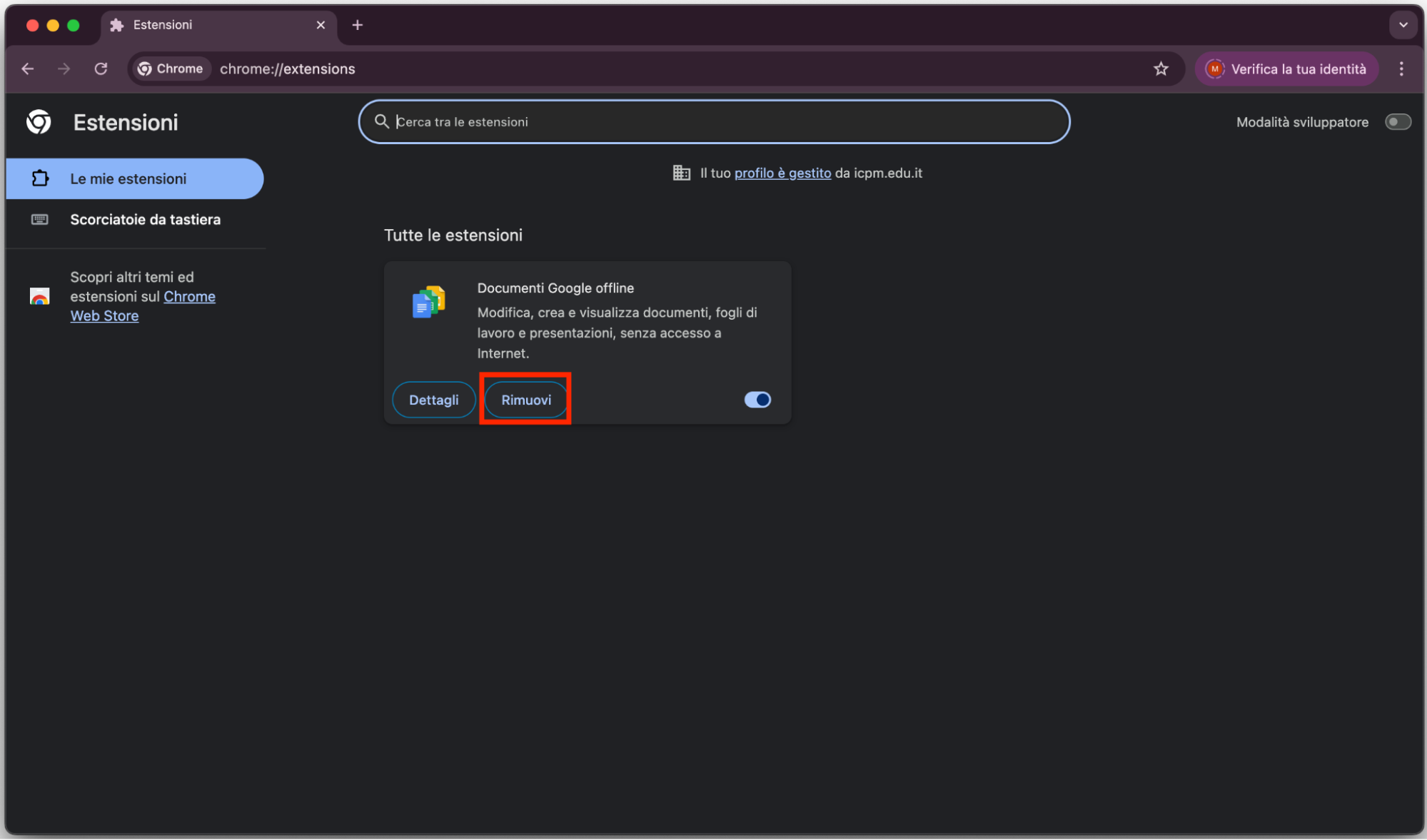 Ora puoi vedere l’elenco delle estensioni disponibili in Chrome sul tuo Mac. Trova quella o quelle che vuoi eliminare e fai clic su Rimuovi.