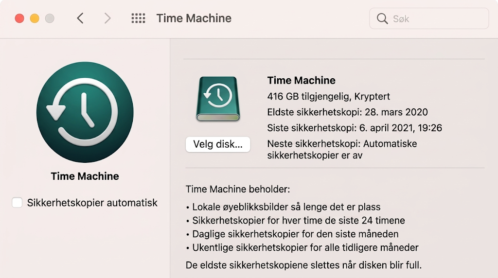 Time Machine-menyen i Systeminnstillinger på Mac. Du kan bli kvitt gamle Time Machine-øyeblikksbilder for å frigjøre plass når oppstartsdisken på Macen er full.
