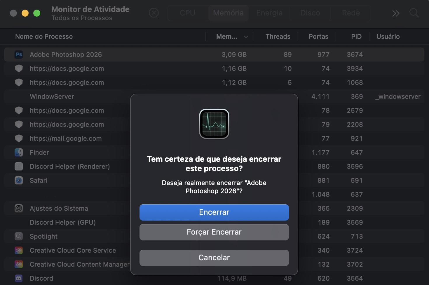 Após selecionar o ícone X para encerrar um processo, aparecerá uma janela pop-up perguntando se deseja Encerrar ou Forçar Encerrar. Escolha a opção preferida para liberar RAM no seu Mac de forma mais eficaz.