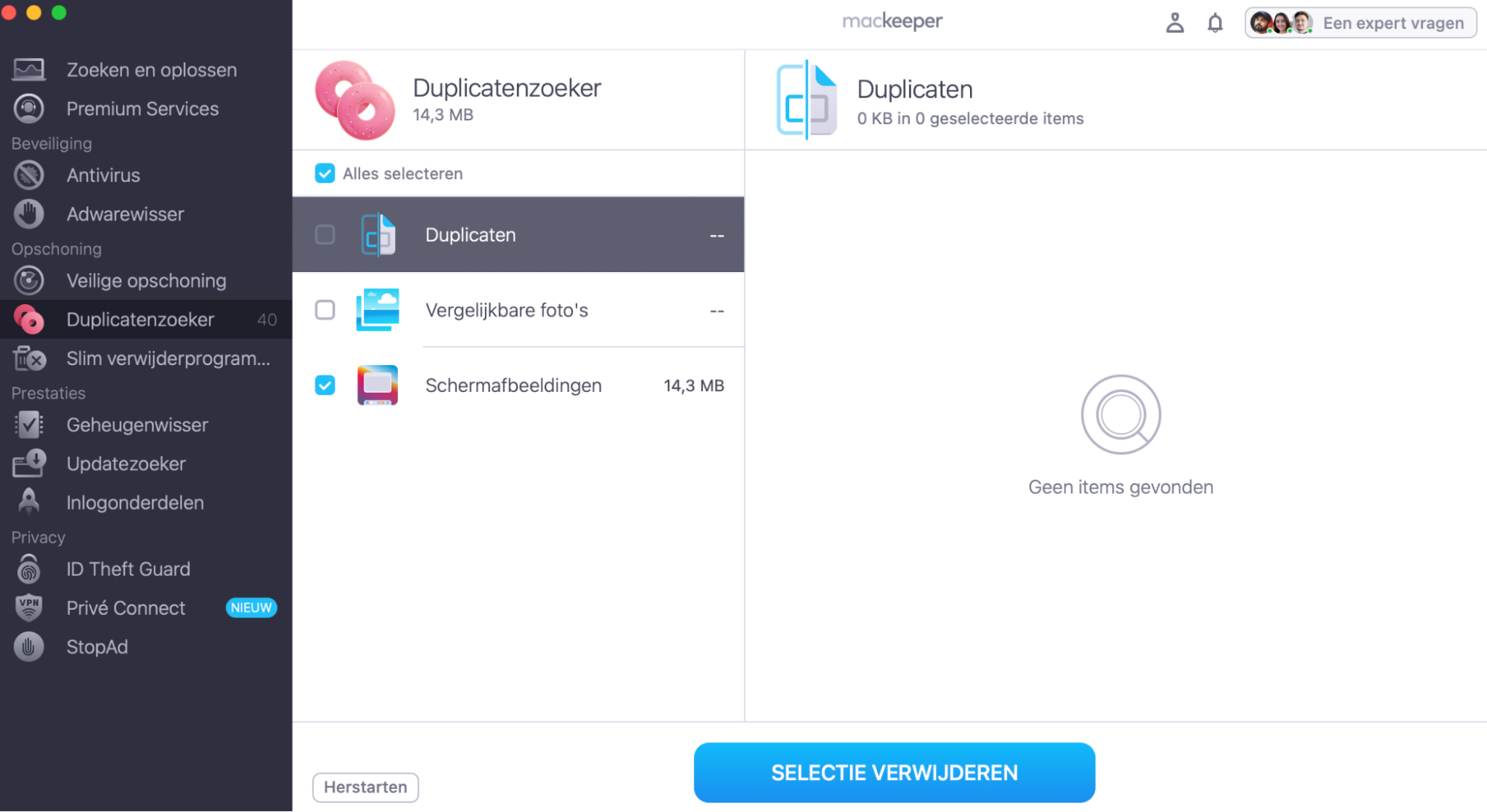 Na het zoeken naar duplicaten in MacKeeper, vink je de vakjes aan van de items die je wilt verwijderen. Tik vervolgens op Selectie verwijderen Deze knop vind je onderaan je scherm.