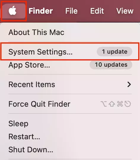 The Apple menu is opened on a Mac. To enable microphone access on your device, select System Settings from the drop-down menu.