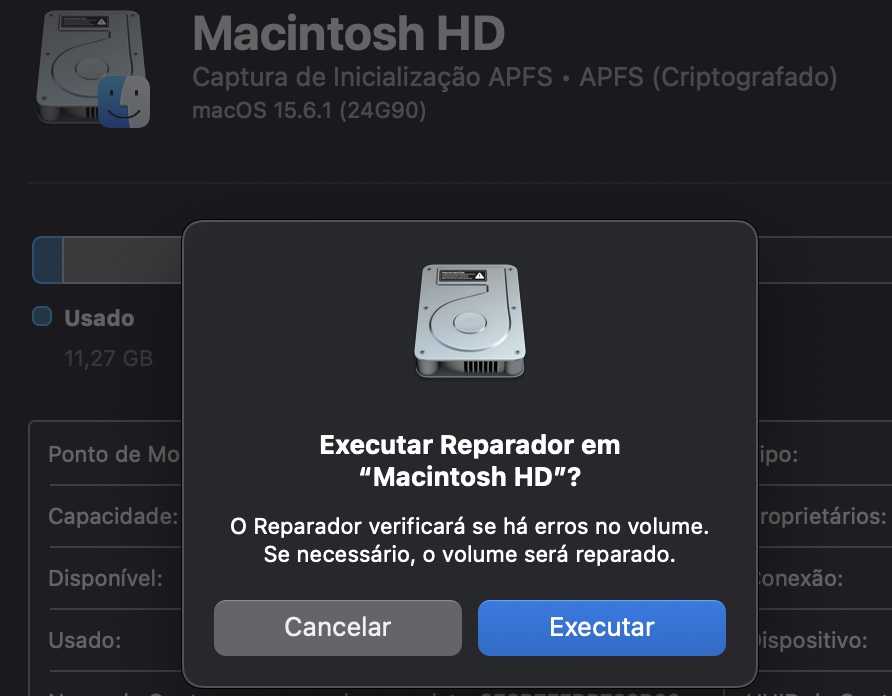 Uma janela pop-up chamada Executar Reparador em [Nome do Disco?] aparecerá na sua tela. Quando isso acontecer, selecione Executar e aguarde a próxima janela pop-up aparecer.