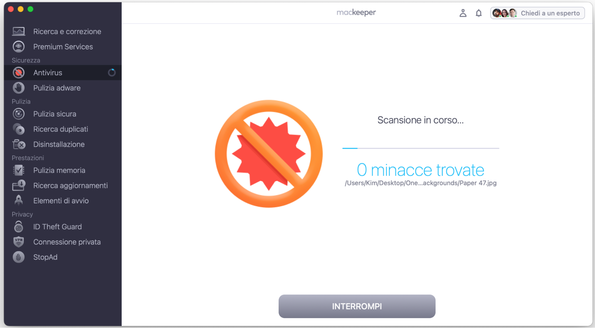 Attendi qualche istante mentre l’Antivirus di MacKeeper esegue la scansione malware sul tuo computer Apple.