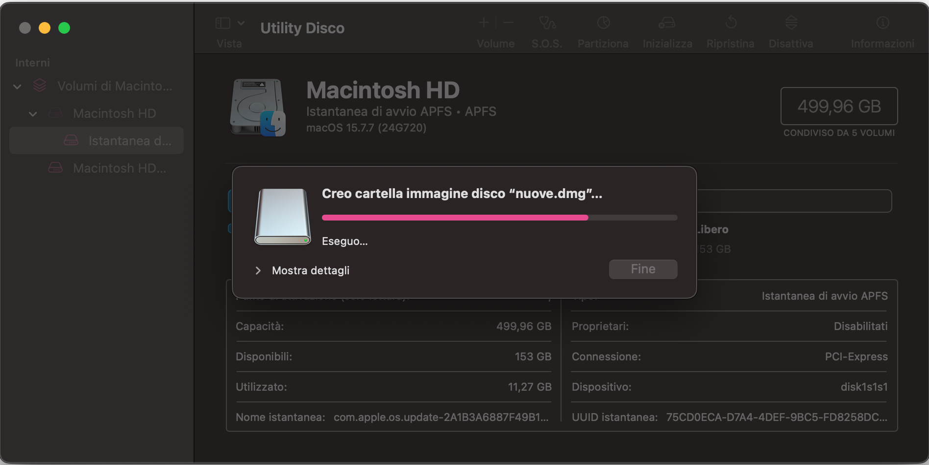 Ora puoi osservare il processo di creazione dell’immagine disco della cartella in Utility Disco di macOS. Attendi che sia completato. 