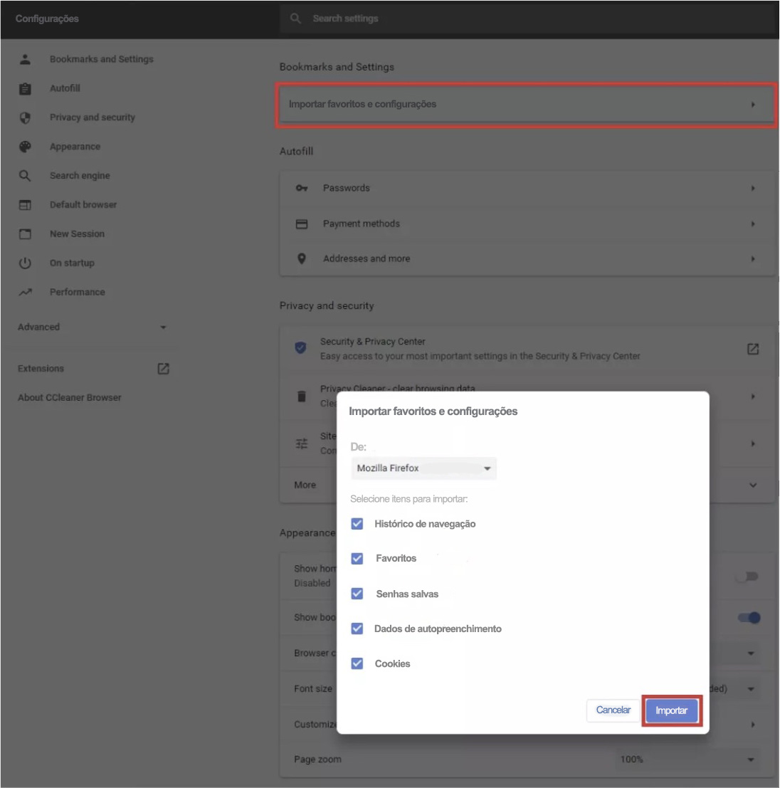 O CCleaner permite que você importe favoritos e outros dados de diversos navegadores. Acesse as configurações do aplicativo, selecione o navegador e importe seus dados para iniciar o processo.