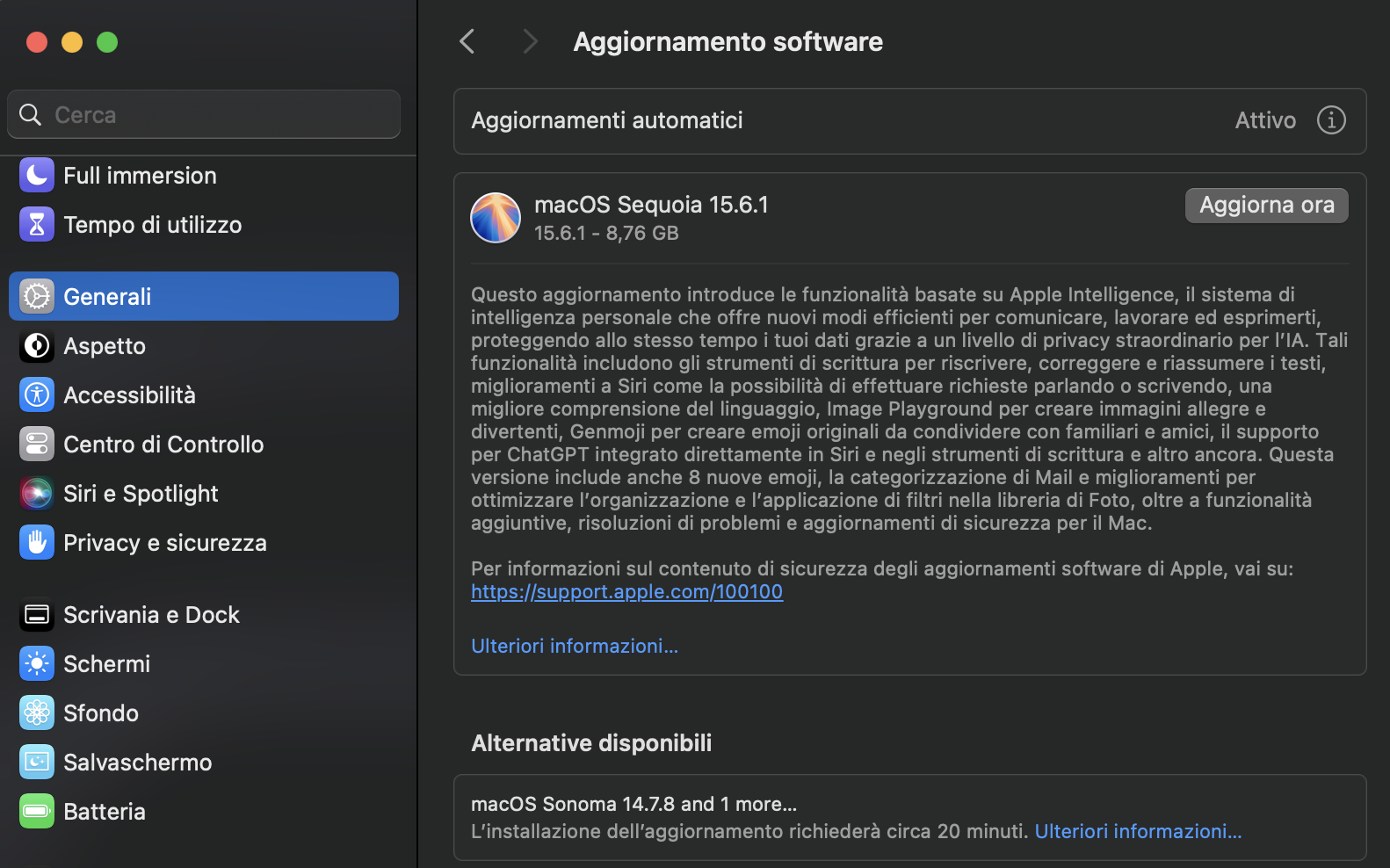 Nelle Impostazioni di sistema del tuo Mac, vai alla sezione Generali > Aggiornamenti software e cerca gli aggiornamenti che puoi applicare.