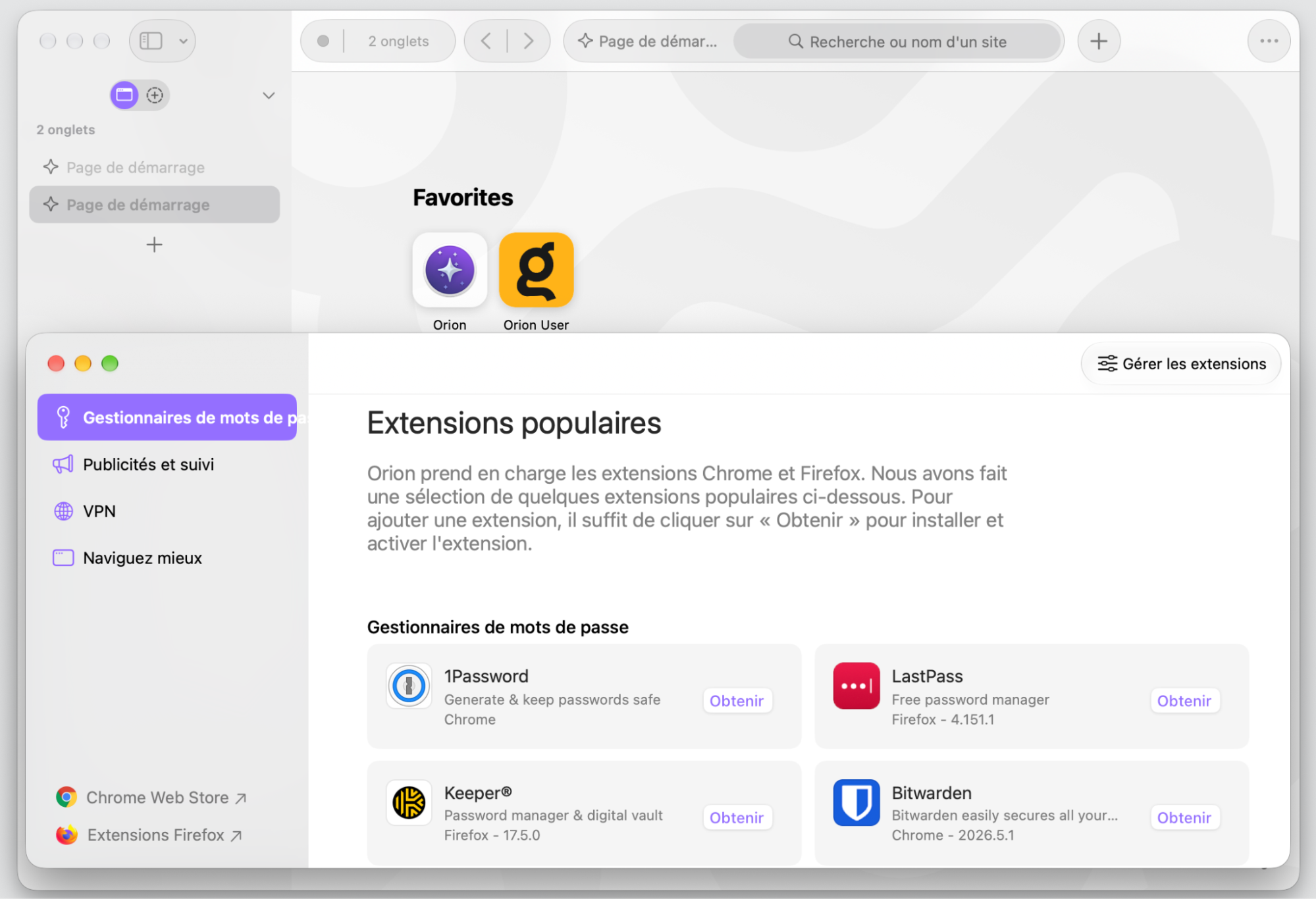Orion Browser est un choix fiable et intéressant pour les utilisateurs Mac. Il propose une prise en charge native des WebExtensions et un bloqueur de publicités intégré activé par défaut.