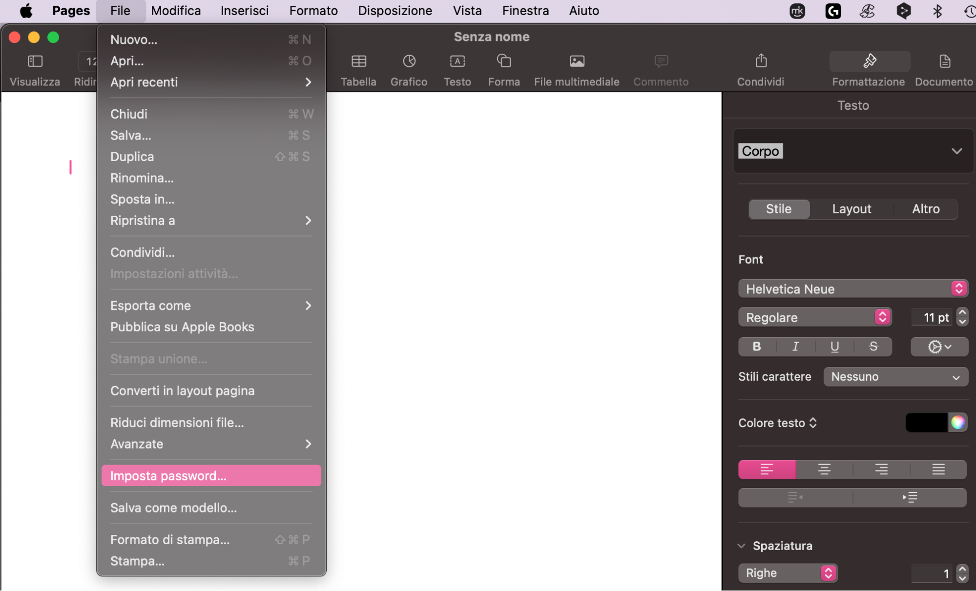 Proteggere un file con password in Apple Pages. 