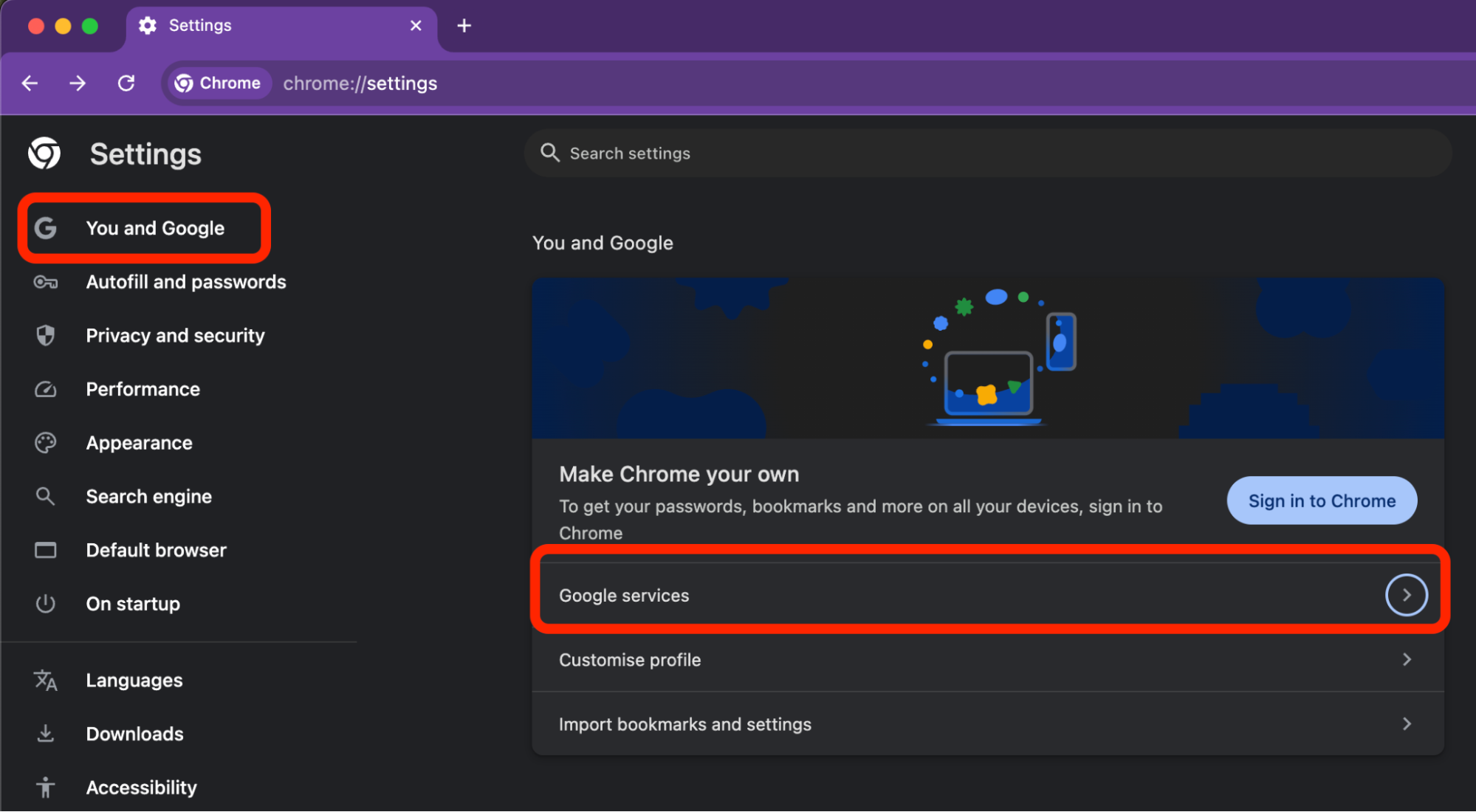 Chrome Settings page on macOS with You and Google selected and Google services highlighted to manage Chrome crash reports on a MacBook.