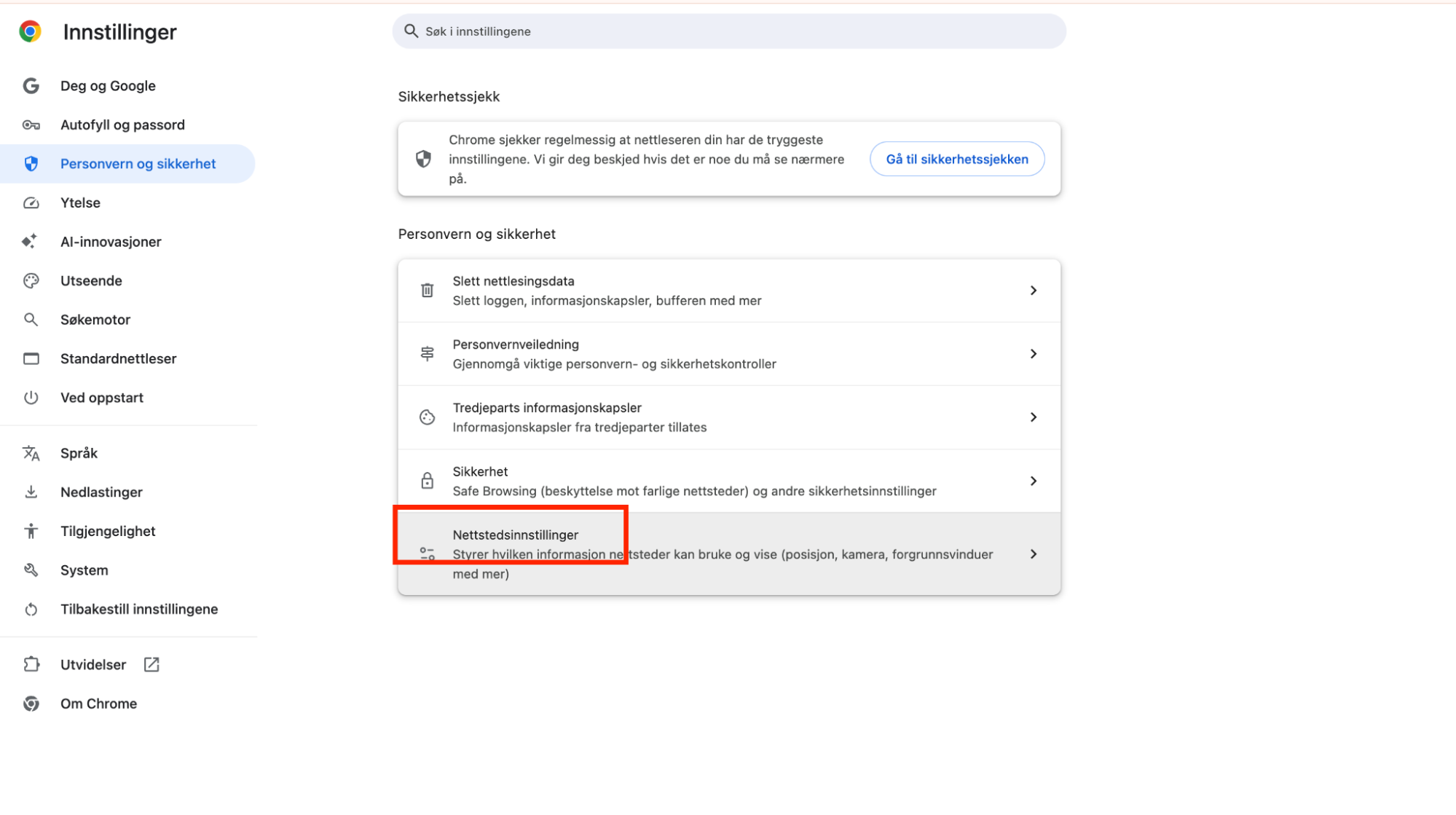 I Chrome-innstillingene klikker du på «Personvern og sikkerhet», og går deretter til Nettstedsinnstillinger, som lar deg kontrollere ulike aspekter av nettstedenes oppførsel.