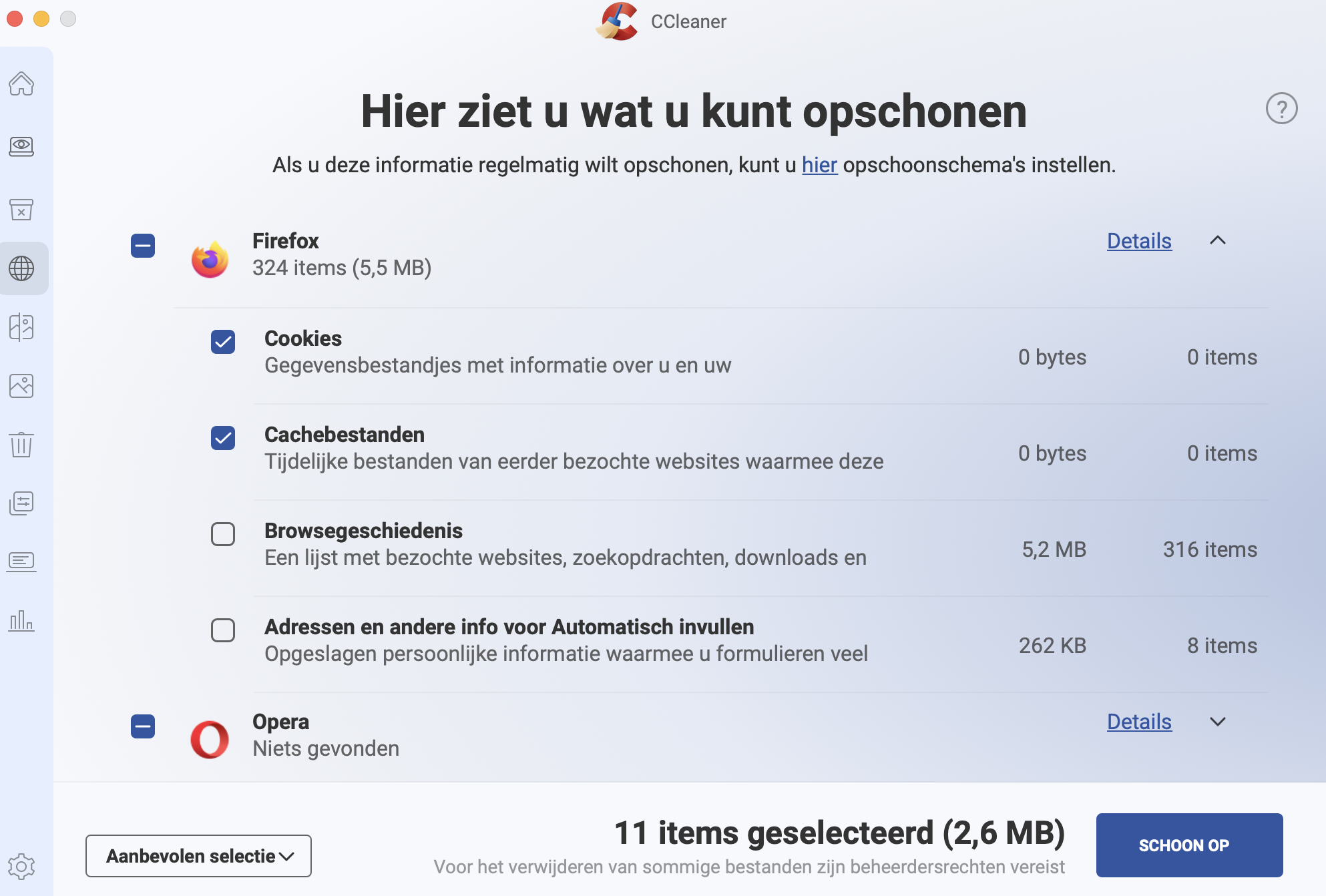 Gebruik de automatische browseropschoning om caches, browsegeschiedenis en andere gegevens te verwijderen die onnodig ruimte op je Mac innemen. Vink de gewenste vakjes aan en selecteer ‘Opschonen’.