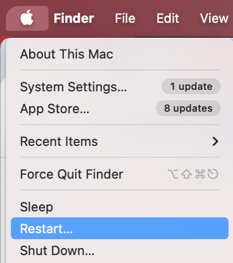To reinstall macOS and fix the diskimagesiod issue on your Mac, go to the Apple icon in the menu bar and click Restart.