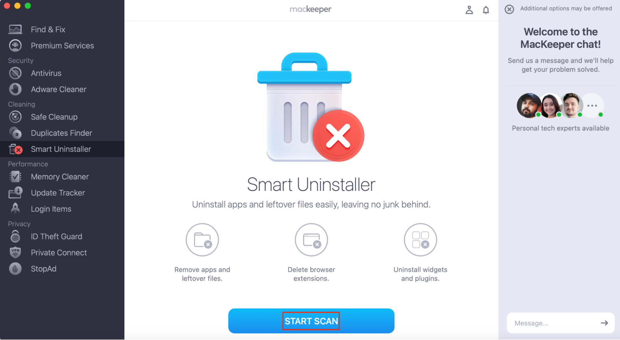 Click Start Scan in MacKeeper's Smart Uninstaller to start checking your computer for redundant apps and other big files. Click Start Scan in MacKeeper's Smart Uninstaller to start checking your computer for redundant apps and other big files.