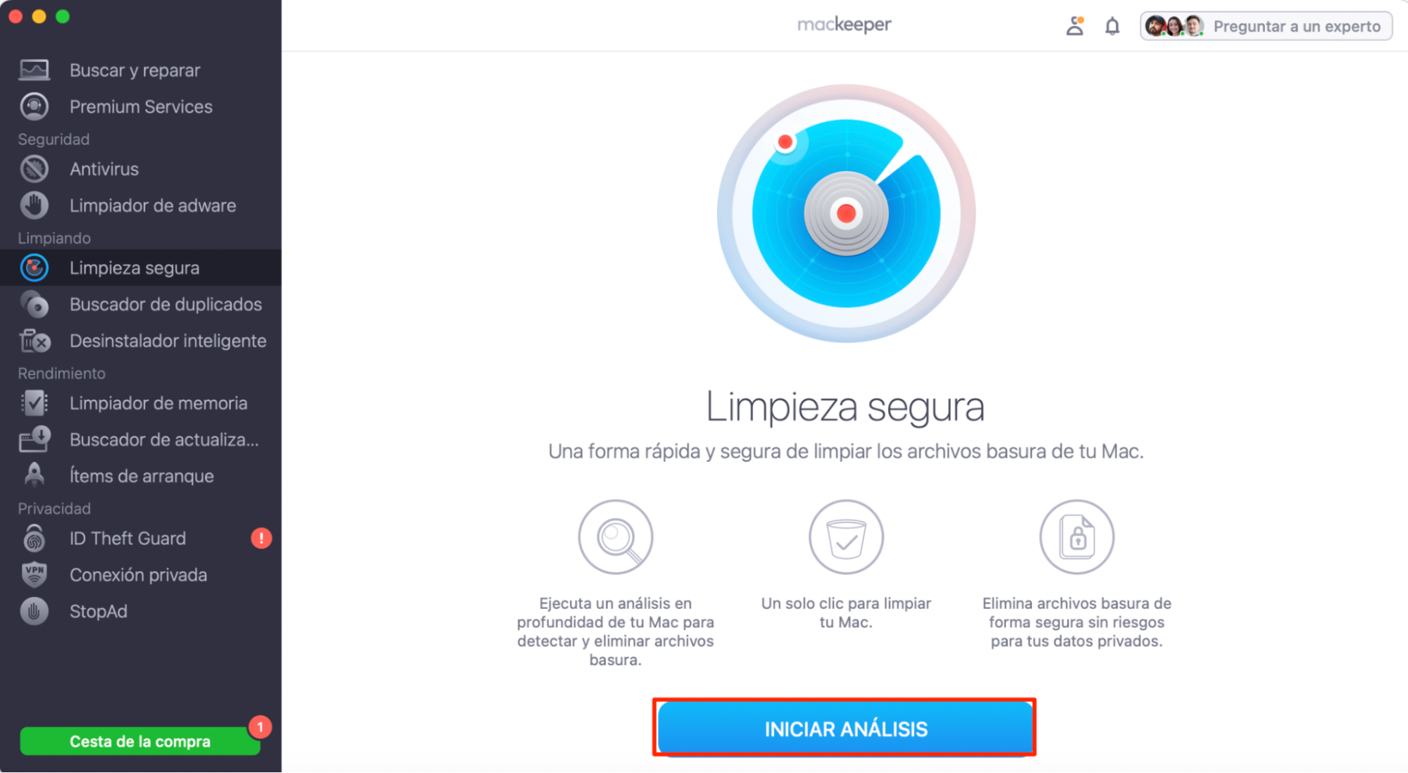 Pantalla de inicio de Limpieza segura de MacKeeper con el botón Iniciar análisis resaltado en la parte inferior. Paso dos para borrar el caché de mail en Mac: usar un limpiador de Mac.