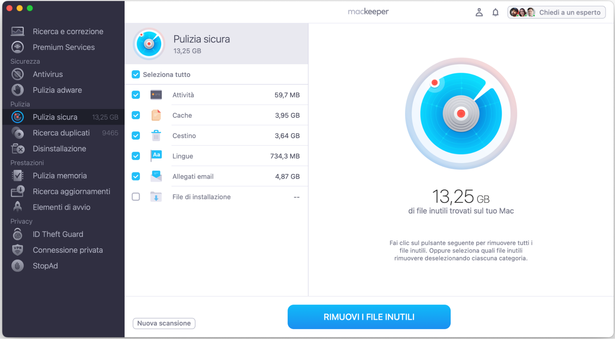 Visualizza l’elenco dei file che Pulizia Sicura di MacKeeper intende eliminare. Spunta le caselle accanto ai file che vuoi rimuovere e fai clic su Rimuovi i file inutili.