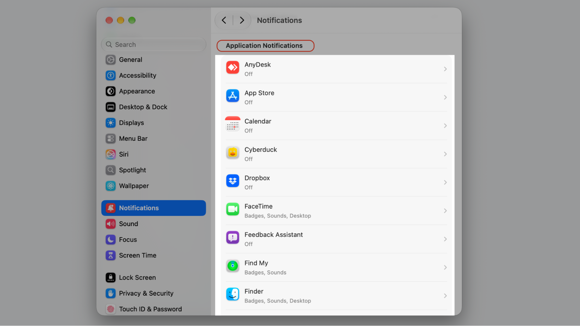 Notifications tab in macOS System Settings with Application Notifications highlighted, listing apps like App Store, Calendar, and FaceTime.