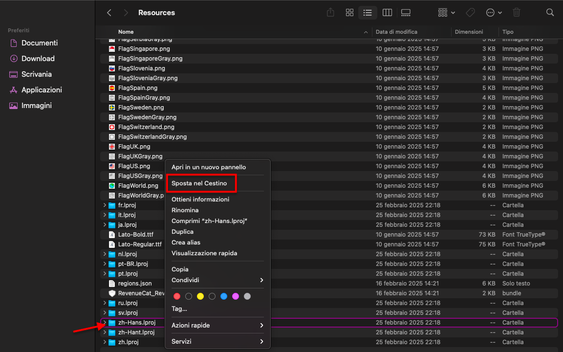La cartella Risorse di un'applicazione installata su Mac. Trova e rimuovi tutti i file .lproj non necessari per liberare spazio sul Mac.