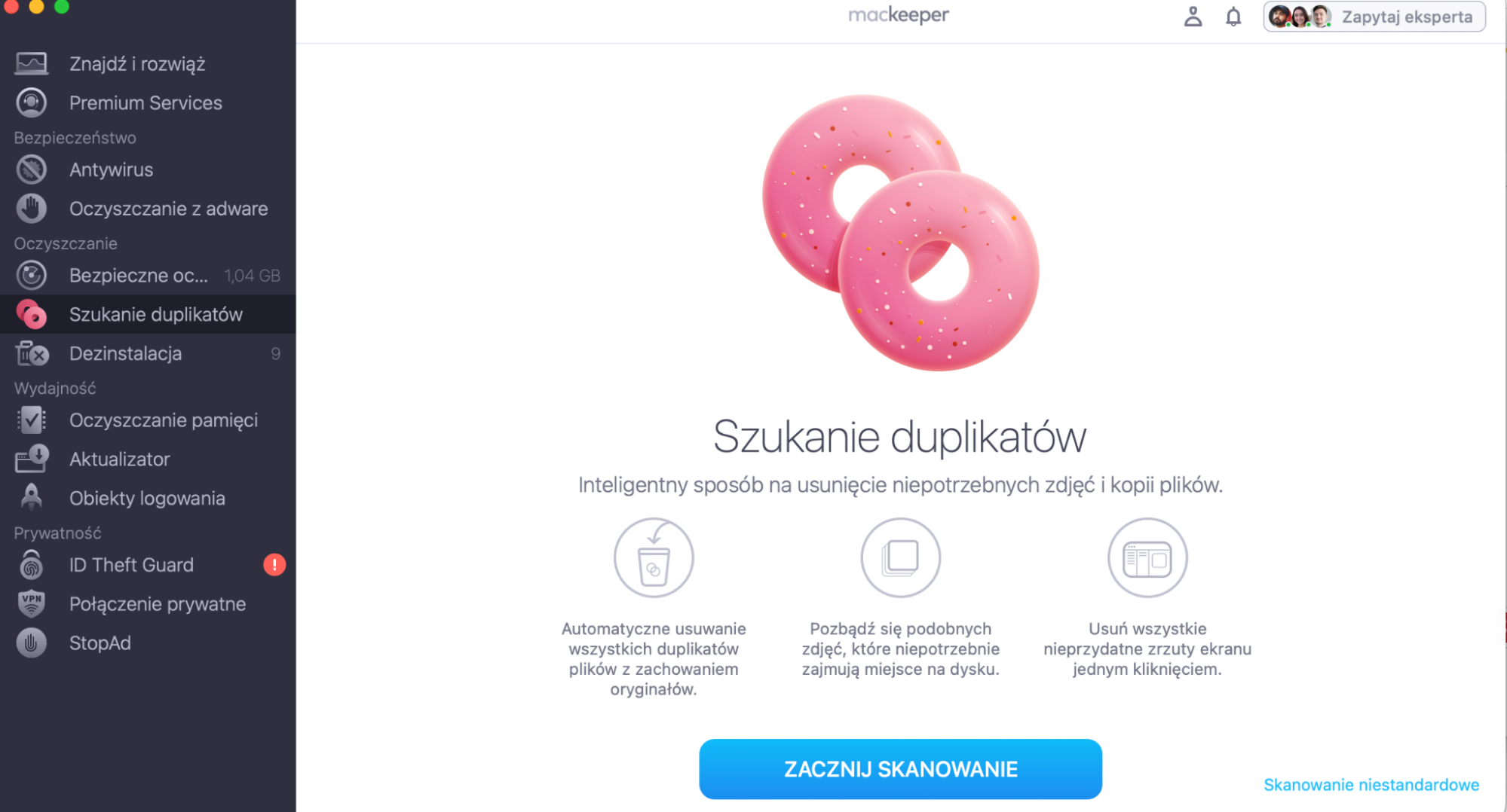 Szukanie duplikatów od MacKeeper to doskonałe narzędzie do usuwania niepotrzebnych kopii plików i zwalniania większej ilości miejsca na Macu. Aby z niego skorzystać, otwórz aplikację MacKeeper, wybierz Szukanie duplikaów i kliknij Zacznij skanowanie.
