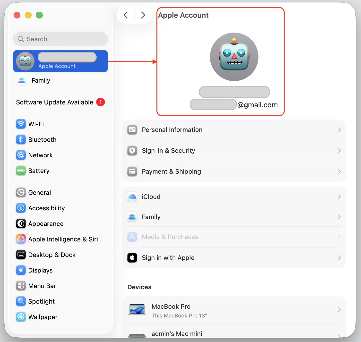 macOS System Settings Apple Account page on an iMac showing personal account data to verify the same Apple ID across all Apple devices.