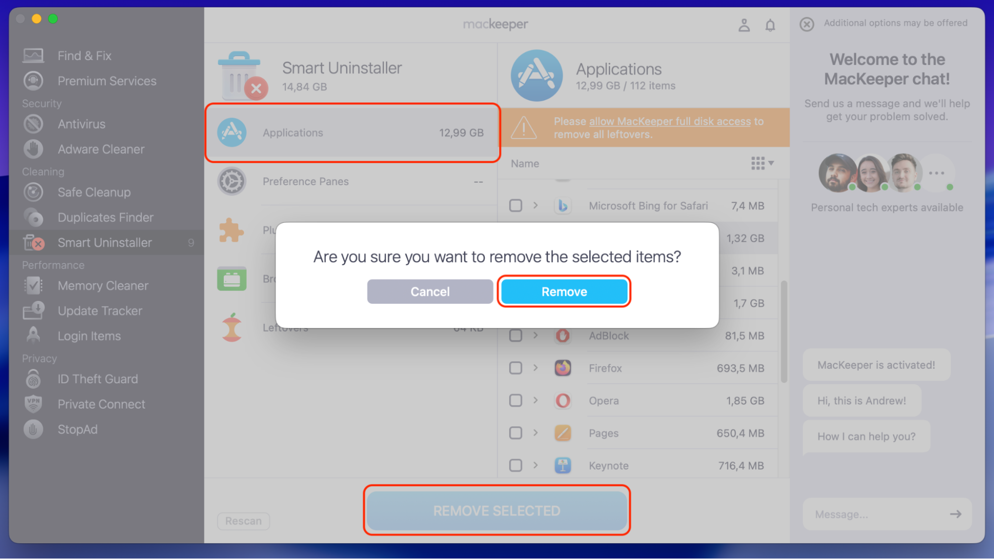 Unwanted apps are listed in MacKeeper on a Mac. Remove DuckDuckGo with MacKeeper by selecting it from the list and clicking Remove Selected.