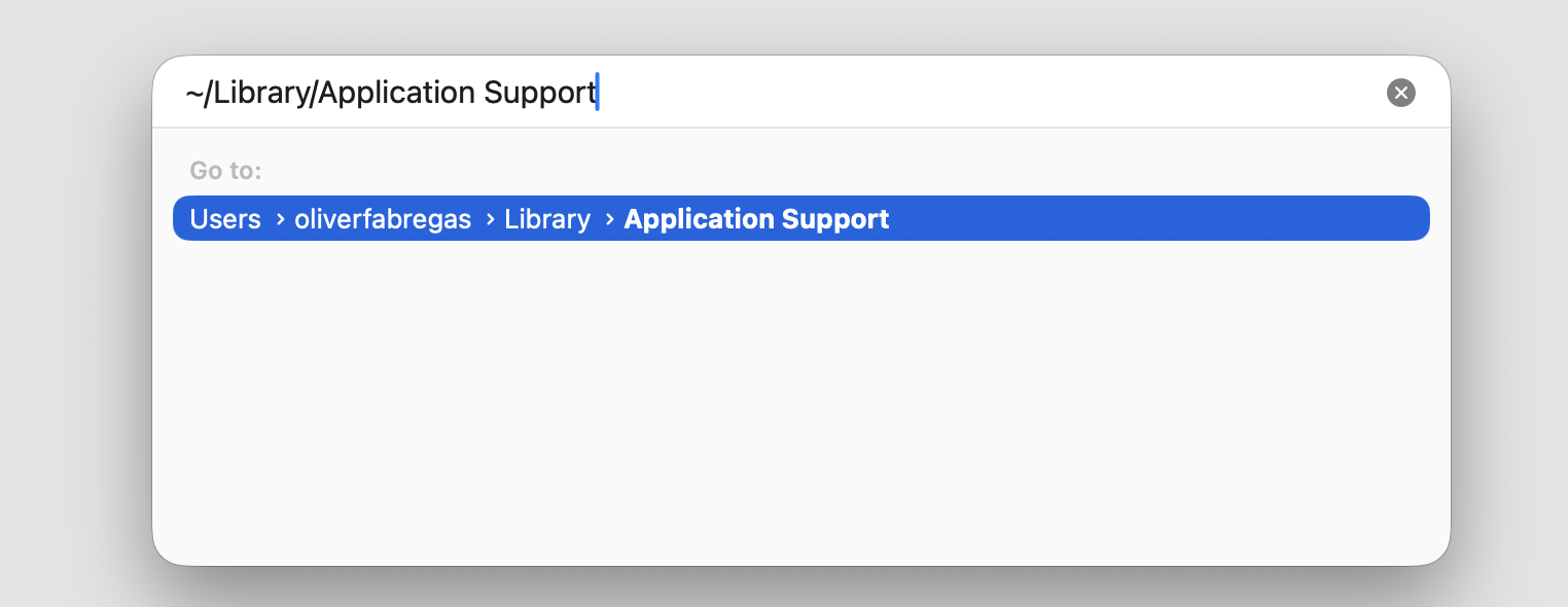 The Go to Folder box in Finder on macOS, with the ~/Library/Application Support path typed in to find ChatGPT Atlas support files.