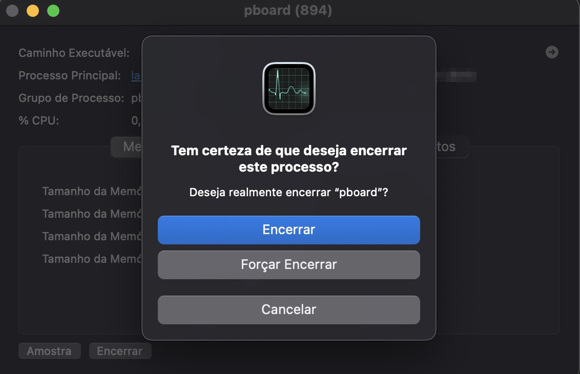 Agora você terá a opção de encerrar ou forçar o encerramento do Pboard. Isso deve, esperançosamente, resolver o problema de copiar e colar que não funciona no seu Mac.